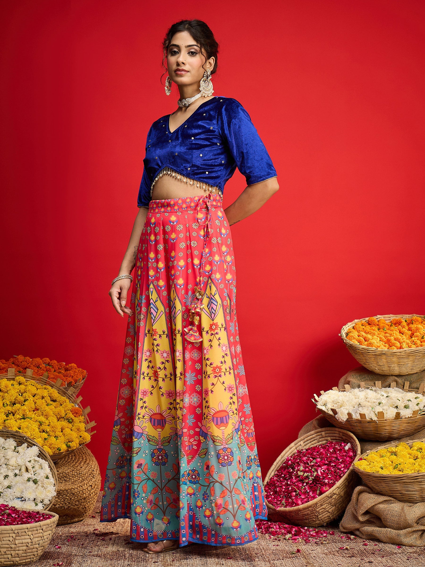 Blue Velvet Crop Top With Anarkali Skirt -Shae By SASSAFRAS