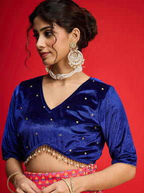 Blue Velvet Crop Top With Anarkali Skirt -Shae By SASSAFRAS