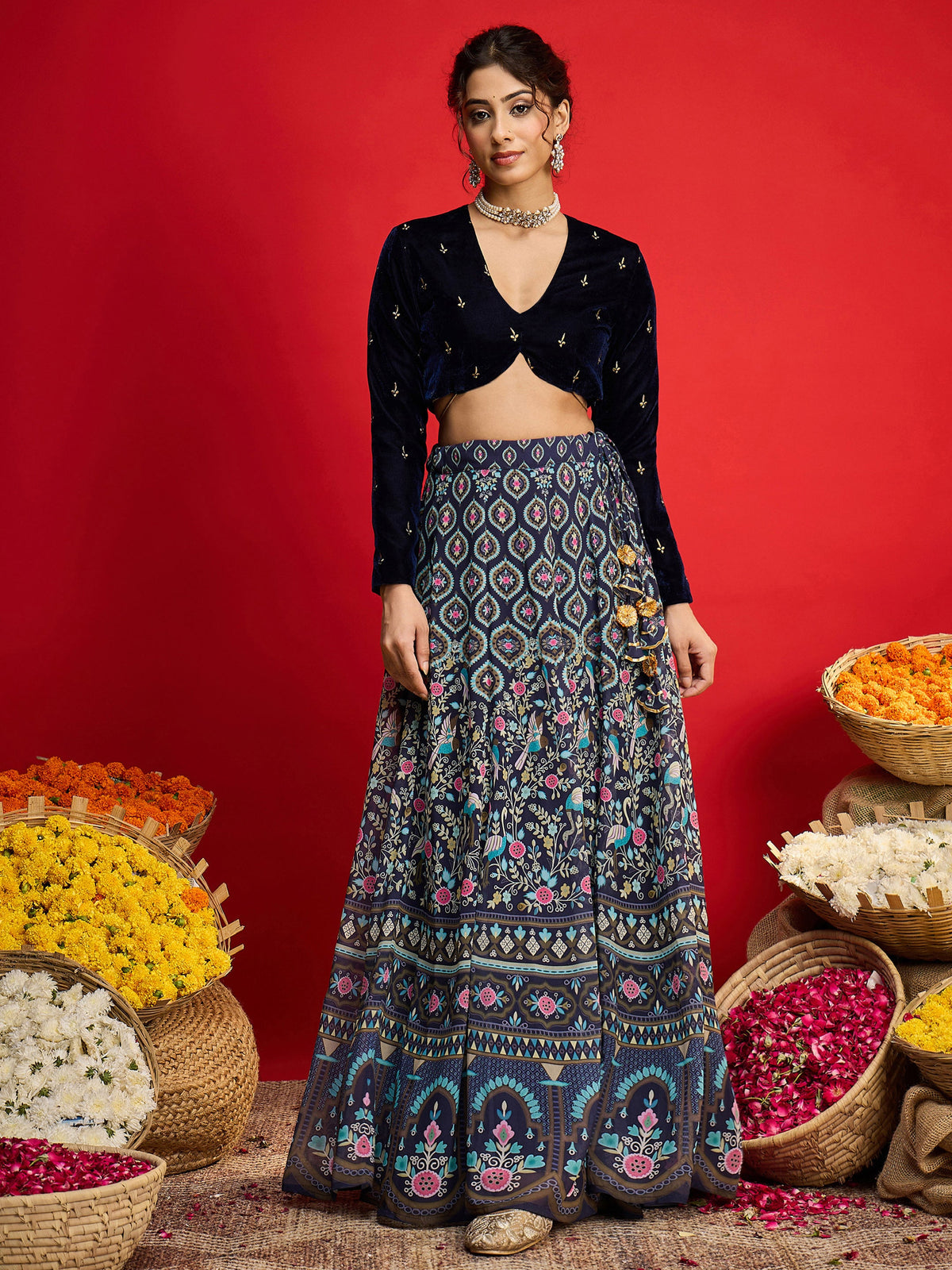 Navy Velvet Crop Top With Anarkali Skirt -Shae By SASSAFRAS