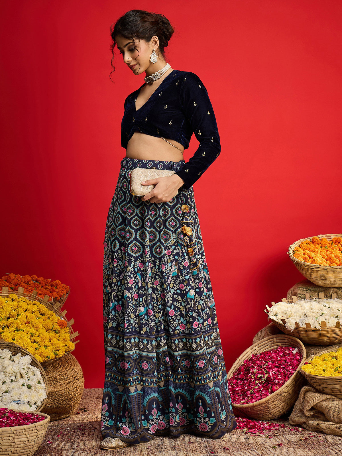 Navy Velvet Crop Top With Anarkali Skirt -Shae By SASSAFRAS