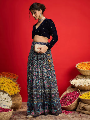 Navy Velvet Crop Top With Anarkali Skirt -Shae By SASSAFRAS