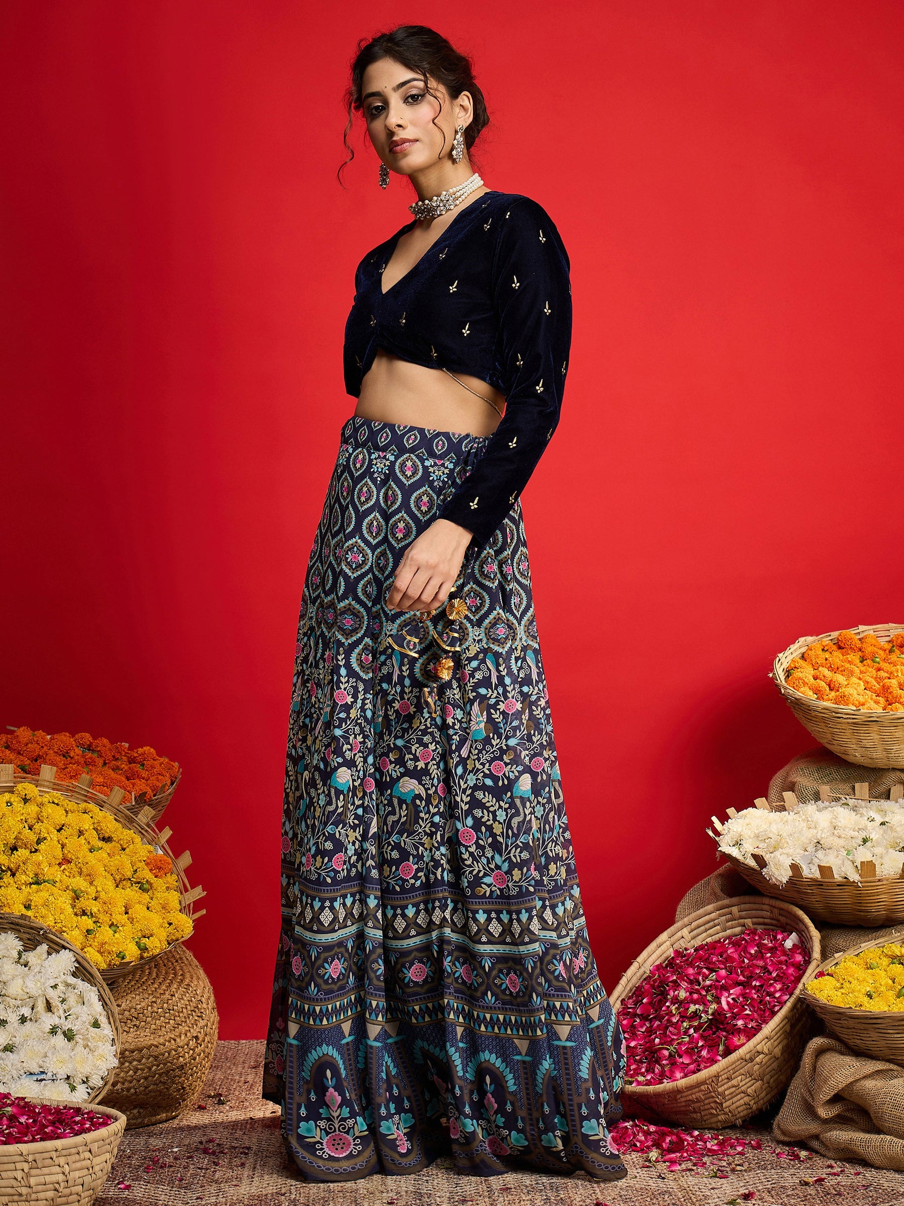Navy Velvet Crop Top With Anarkali Skirt -Shae By SASSAFRAS