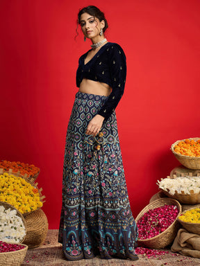 Navy Velvet Crop Top With Anarkali Skirt -Shae By SASSAFRAS