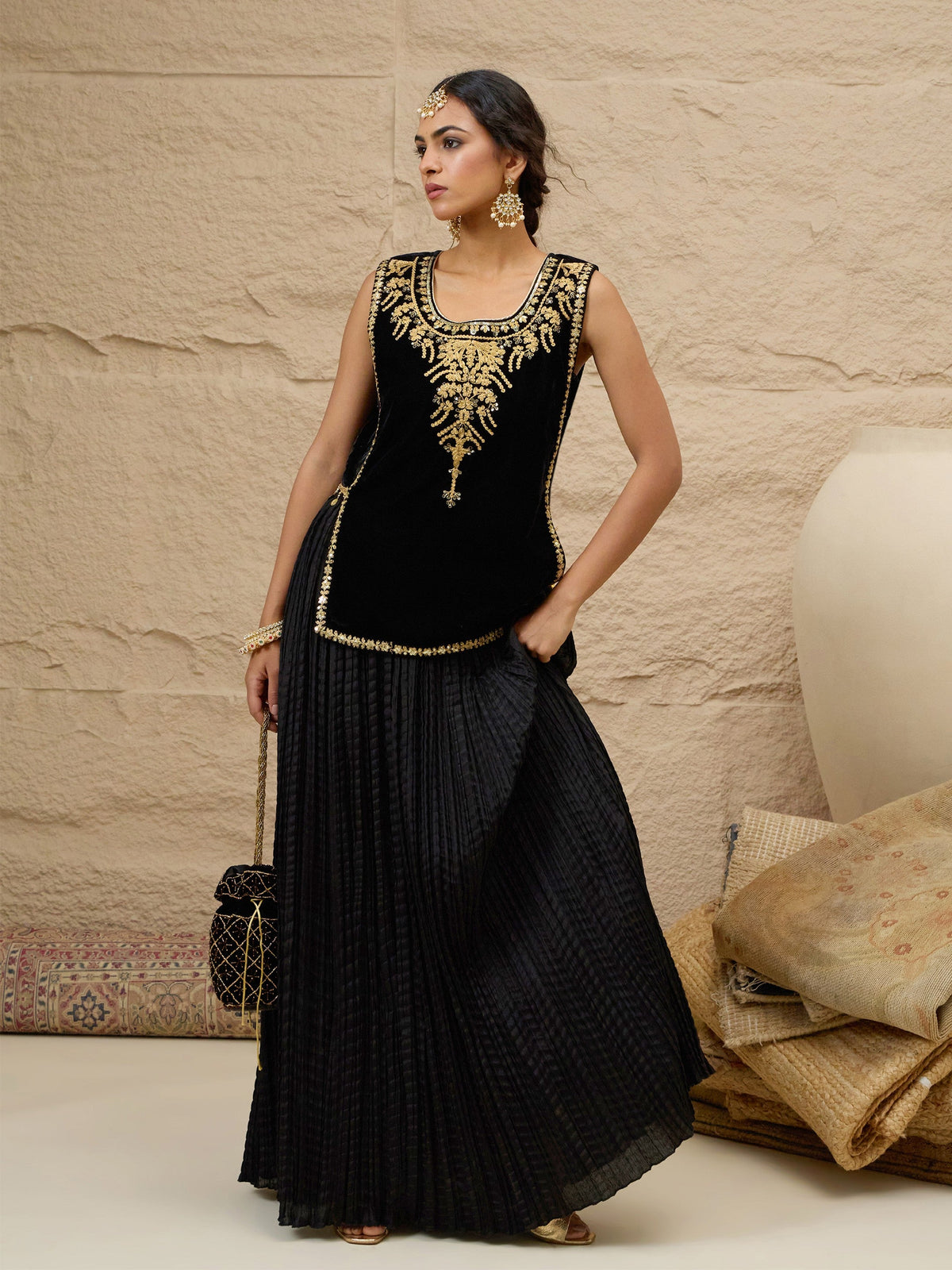 Black Velvet Sleeveless Top With Pleated Skirt-Shae by SASSAFRAS