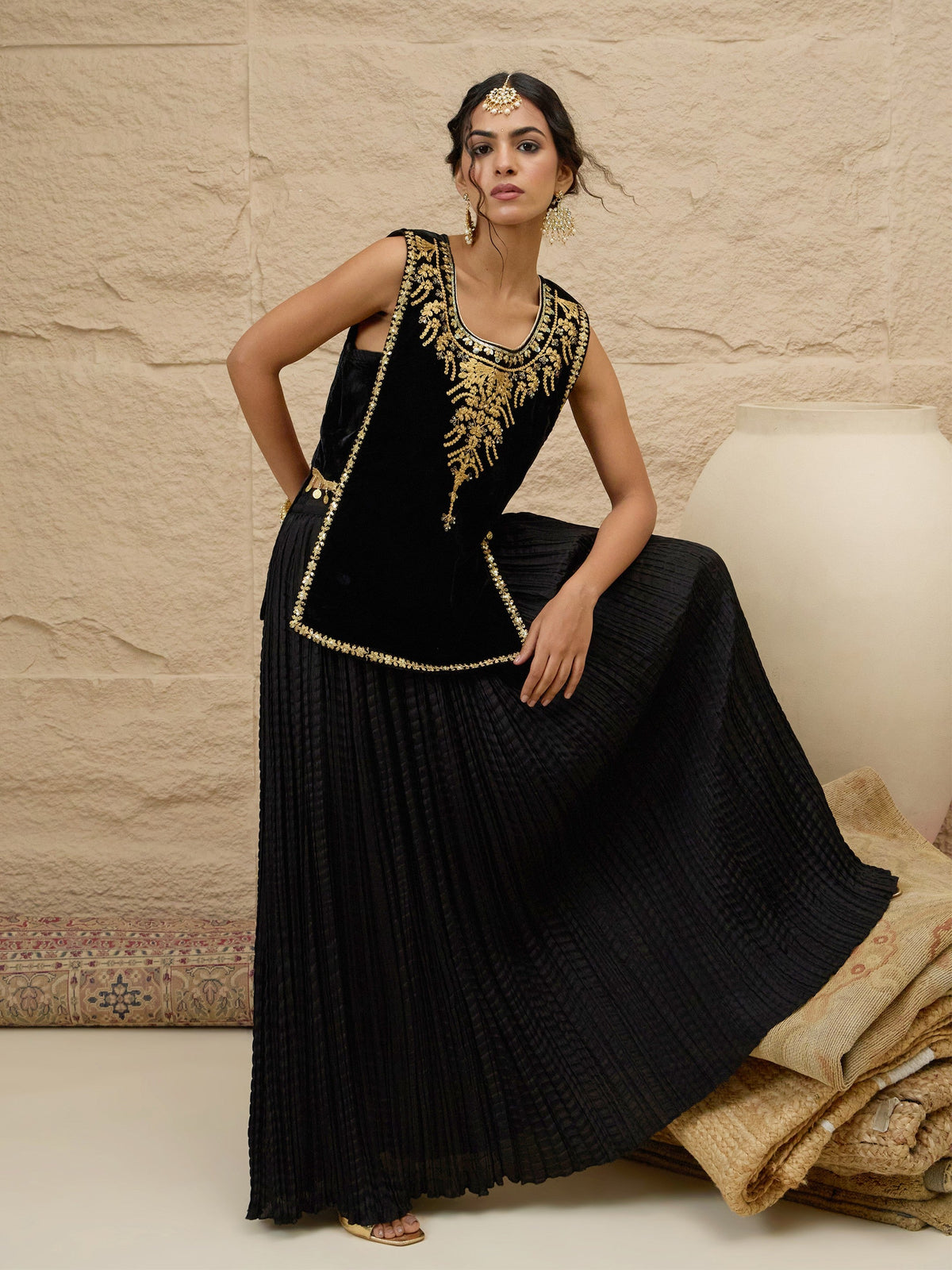 Black Velvet Sleeveless Top With Pleated Skirt-Shae by SASSAFRAS
