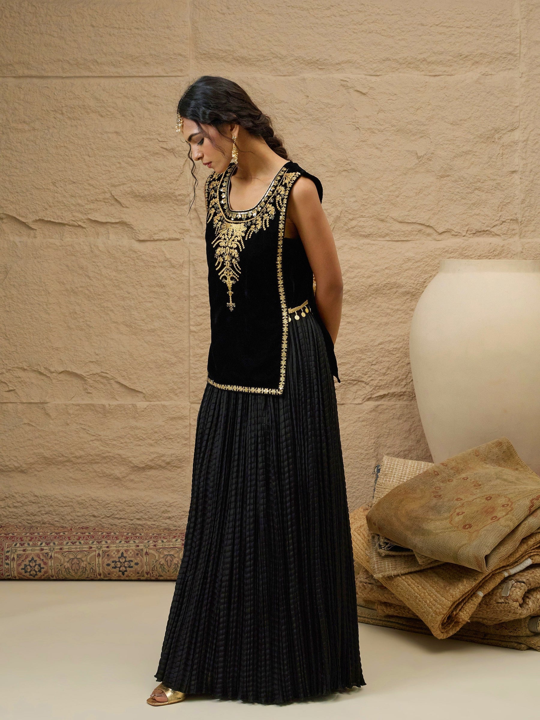 Black Velvet Sleeveless Top With Pleated Skirt-Shae by SASSAFRAS