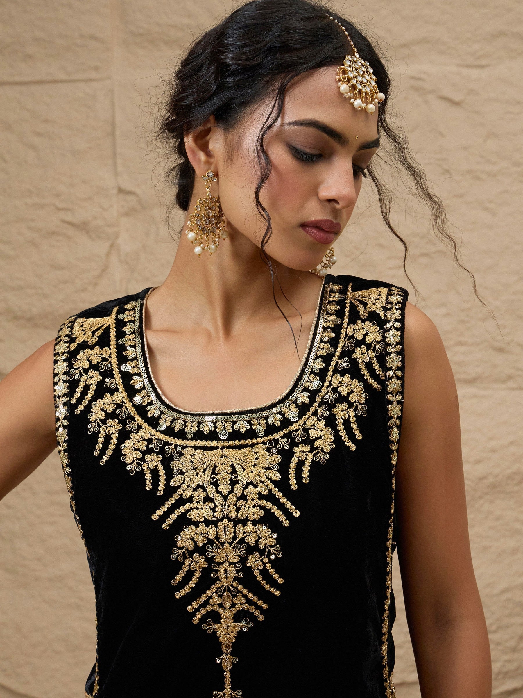 Black Velvet Sleeveless Top With Pleated Skirt-Shae by SASSAFRAS