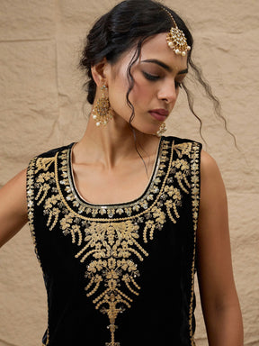 Black Velvet Sleeveless Top With Pleated Skirt-Shae by SASSAFRAS