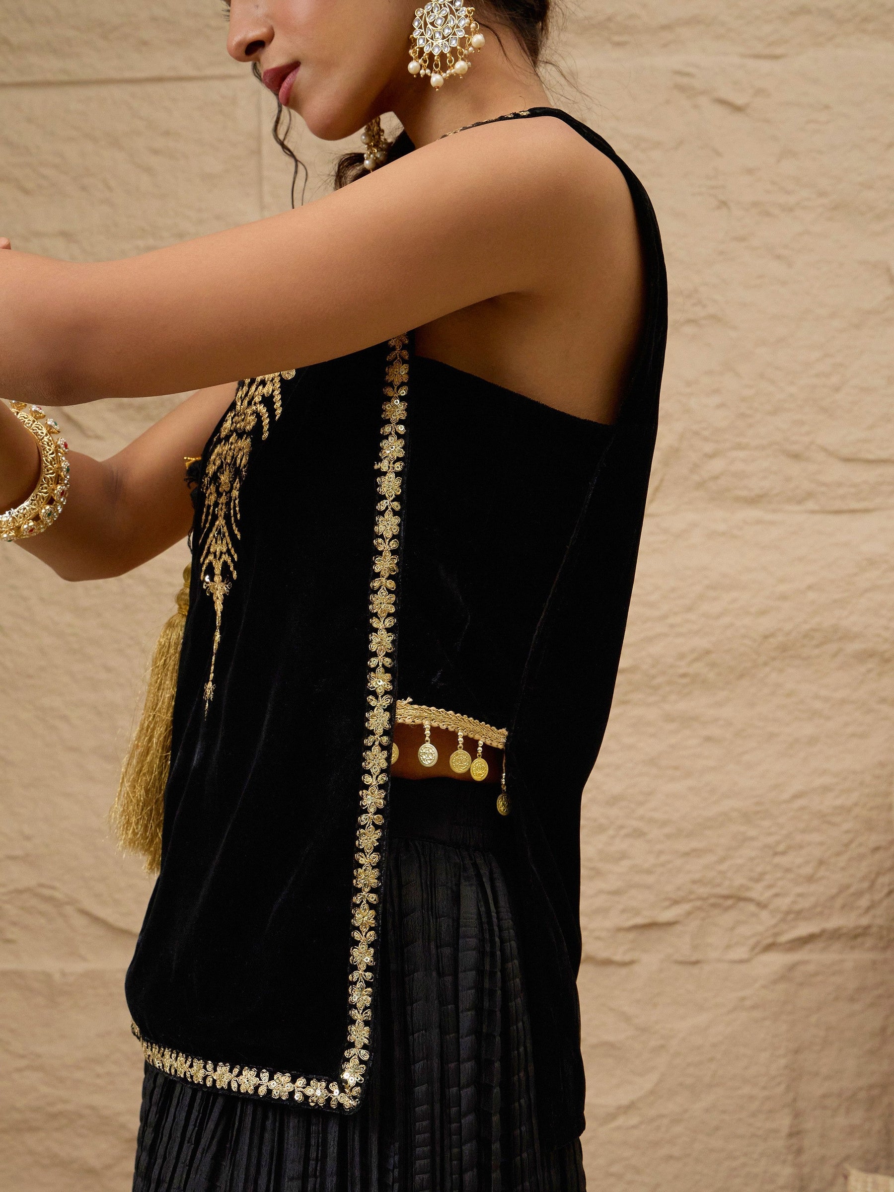 Black Velvet Sleeveless Top With Pleated Skirt-Shae by SASSAFRAS