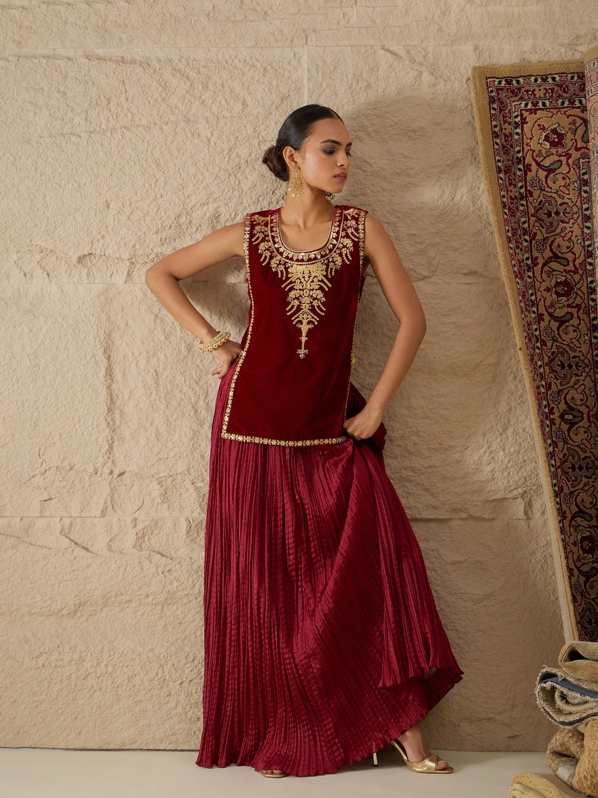 Maroon Velvet Sleeveless Top With Pleated Skirt-Shae by SASSAFRAS