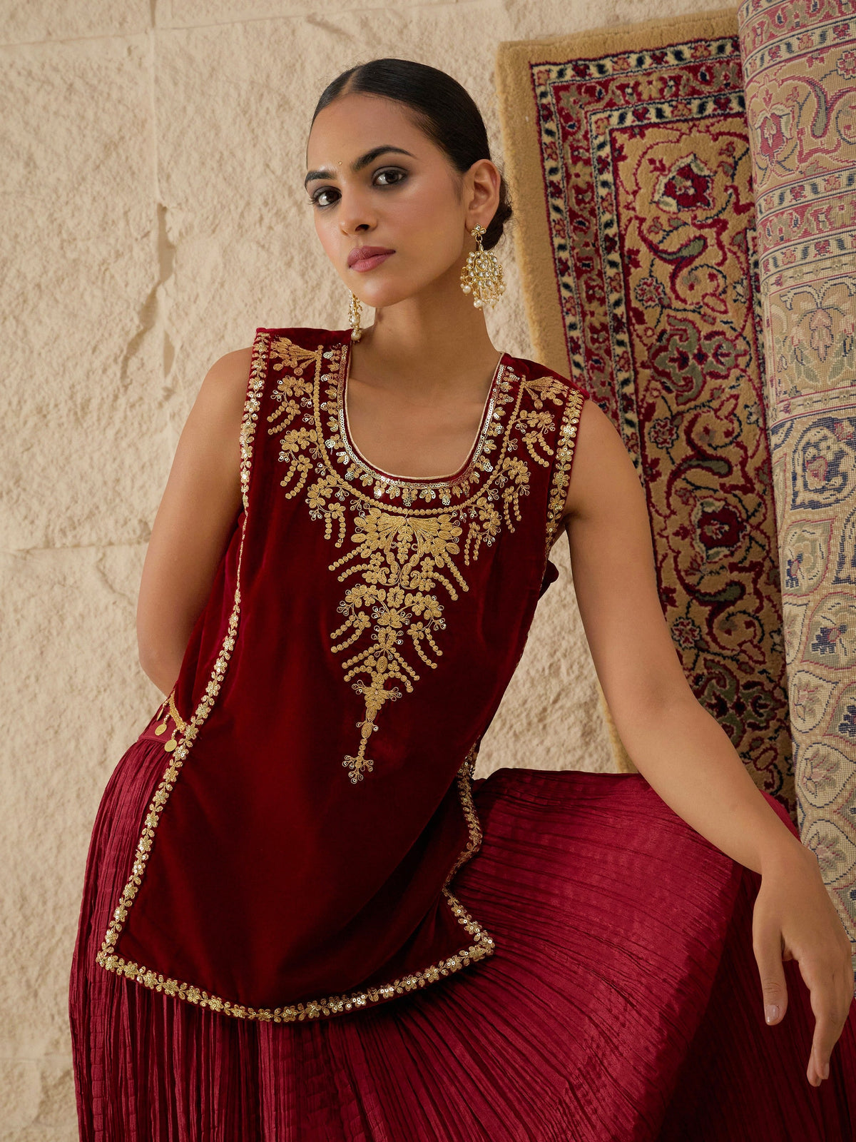 Maroon Velvet Sleeveless Top With Pleated Skirt-Shae by SASSAFRAS