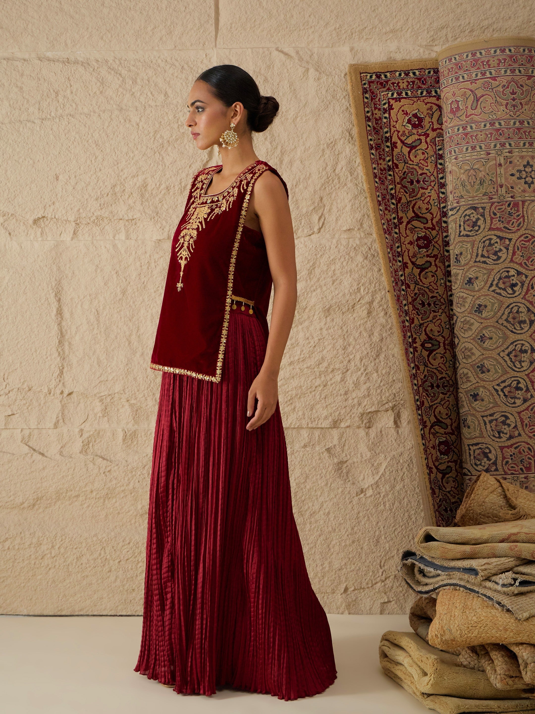 Maroon Velvet Sleeveless Top With Pleated Skirt-Shae by SASSAFRAS