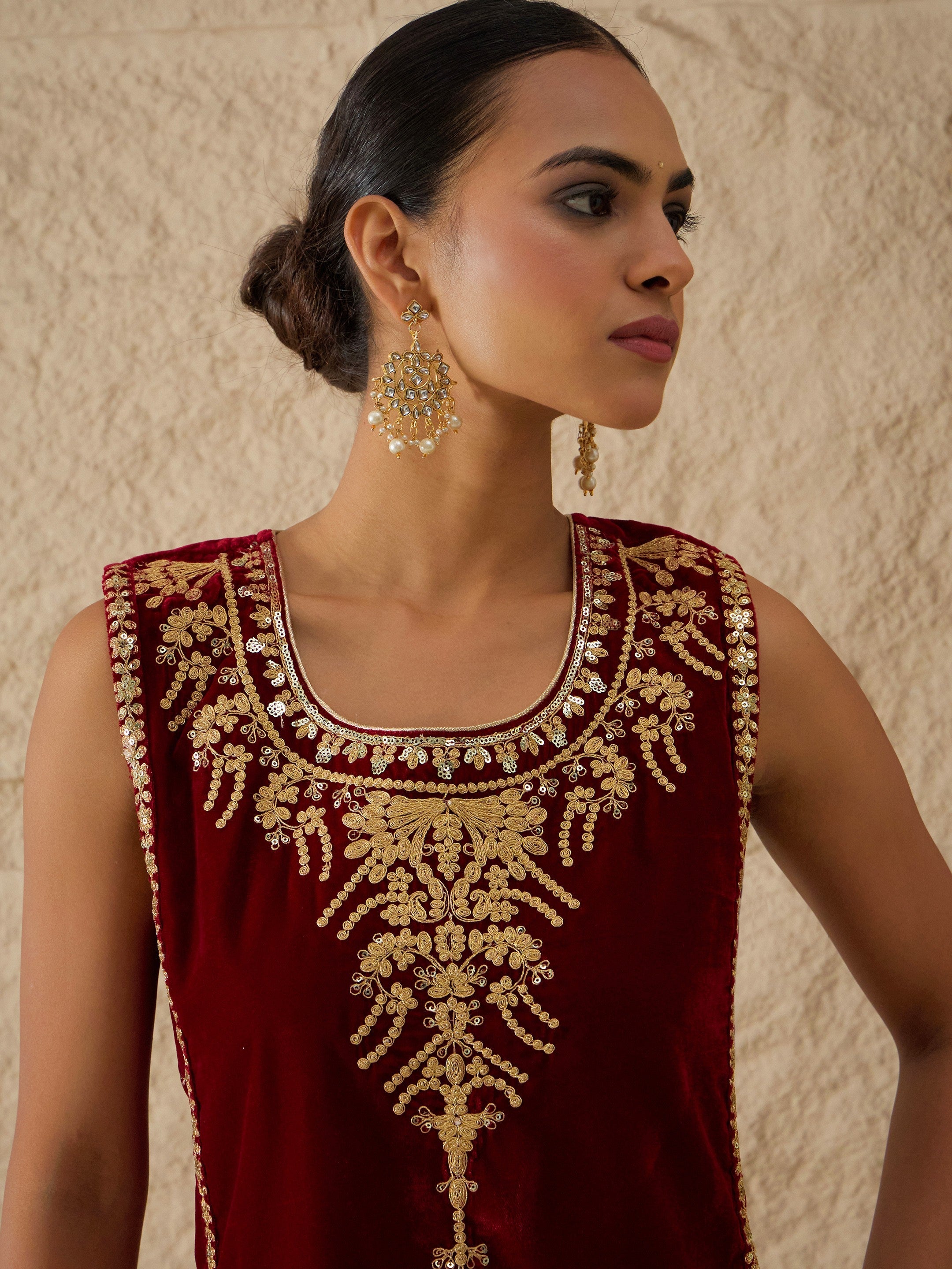 Maroon Velvet Sleeveless Top With Pleated Skirt-Shae by SASSAFRAS