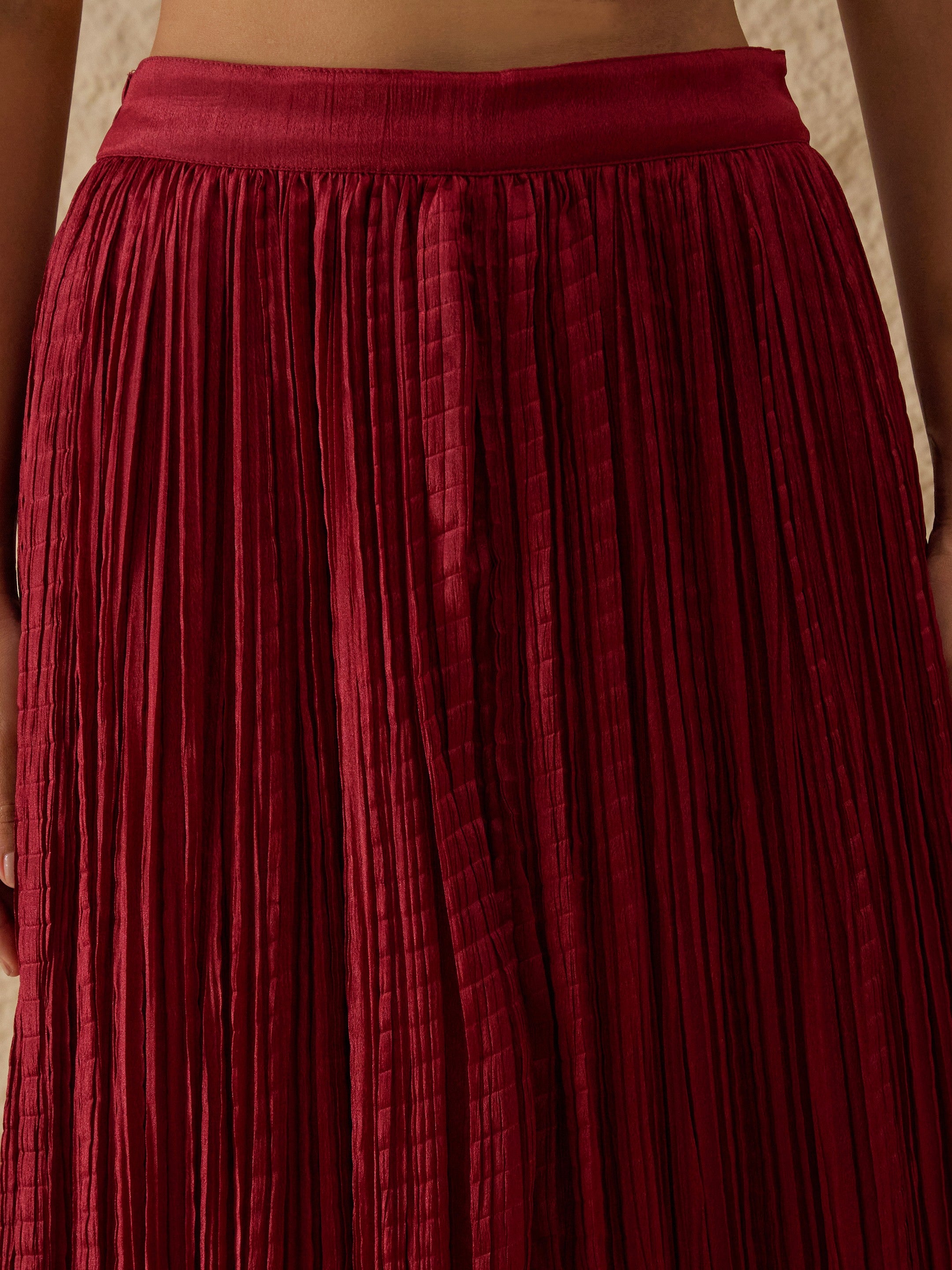 Maroon Velvet Sleeveless Top With Pleated Skirt-Shae by SASSAFRAS