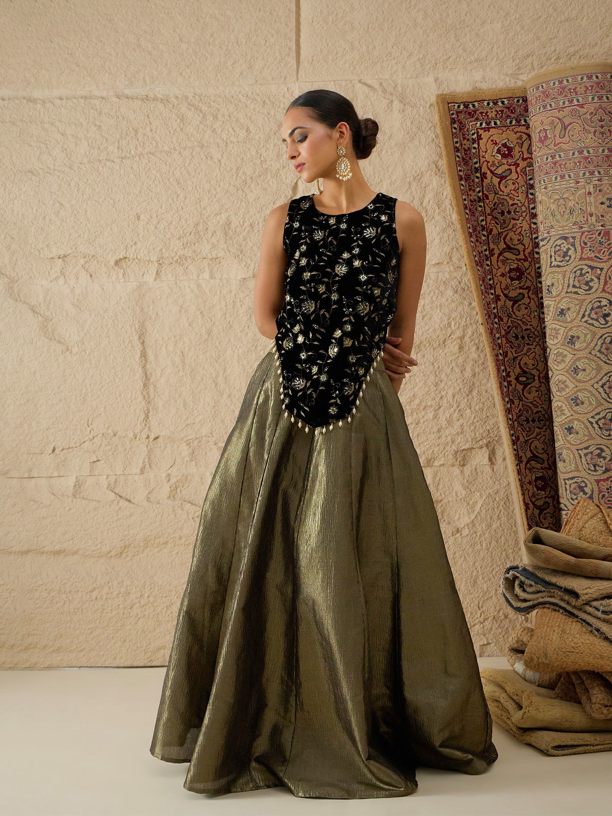 Black Velvet Top With Crinkled Anarkali Skirt-Shae by SASSAFRAS