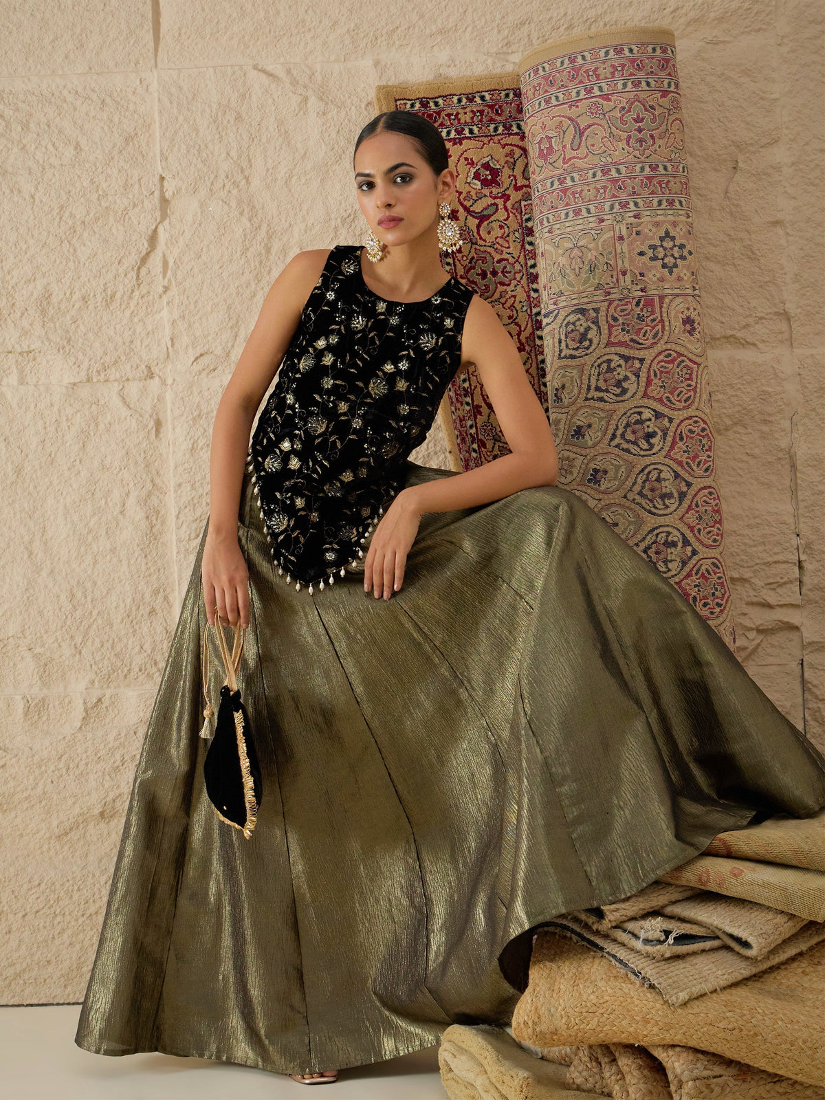 Black Velvet Top With Crinkled Anarkali Skirt-Shae by SASSAFRAS