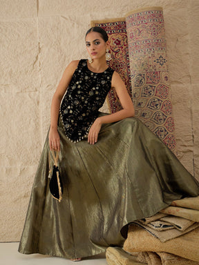 Black Velvet Top With Crinkled Anarkali Skirt-Shae by SASSAFRAS