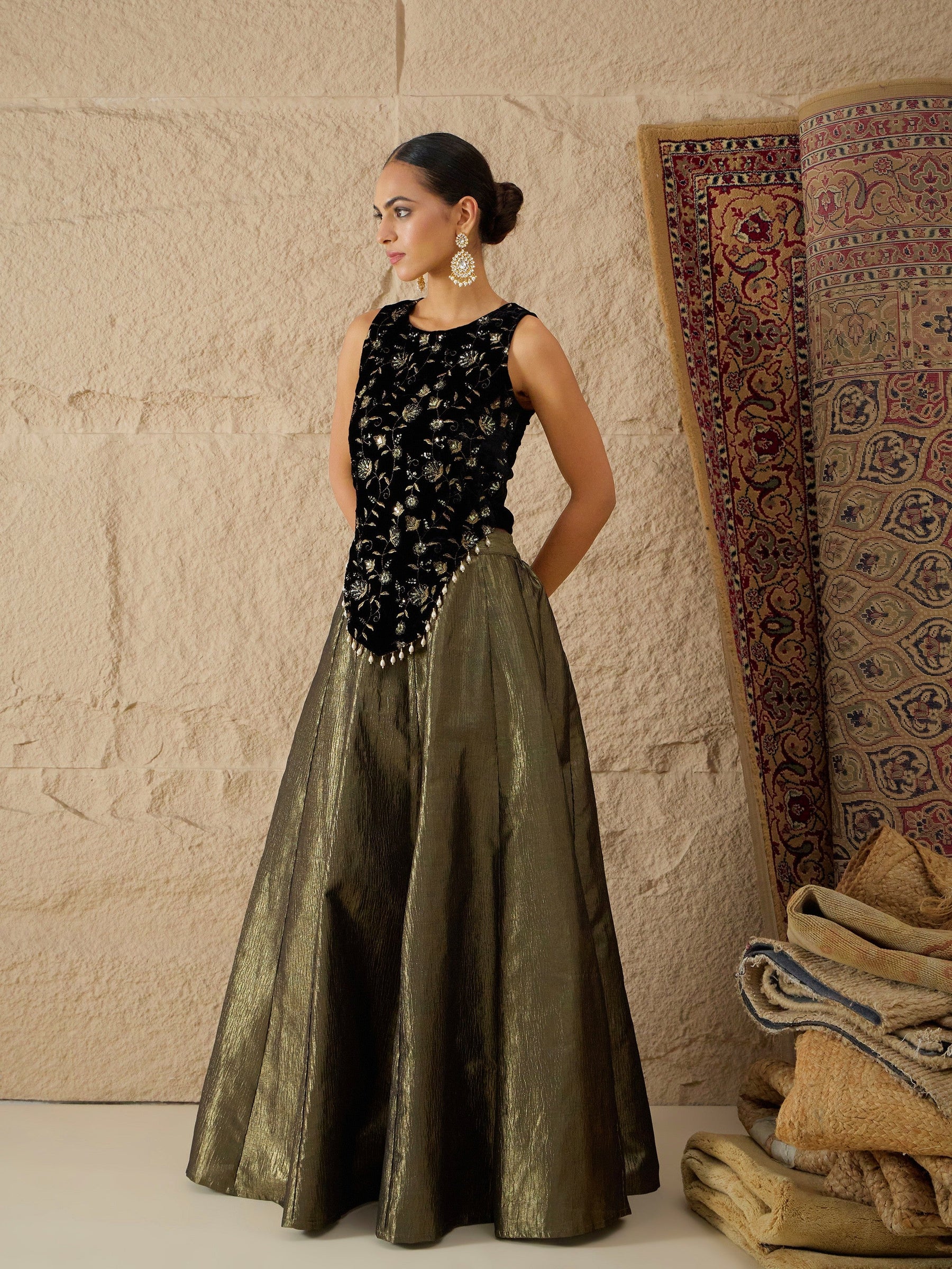 Black Velvet Top With Crinkled Anarkali Skirt-Shae by SASSAFRAS