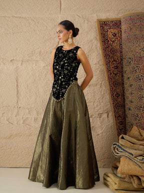 Black Velvet Top With Crinkled Anarkali Skirt-Shae by SASSAFRAS