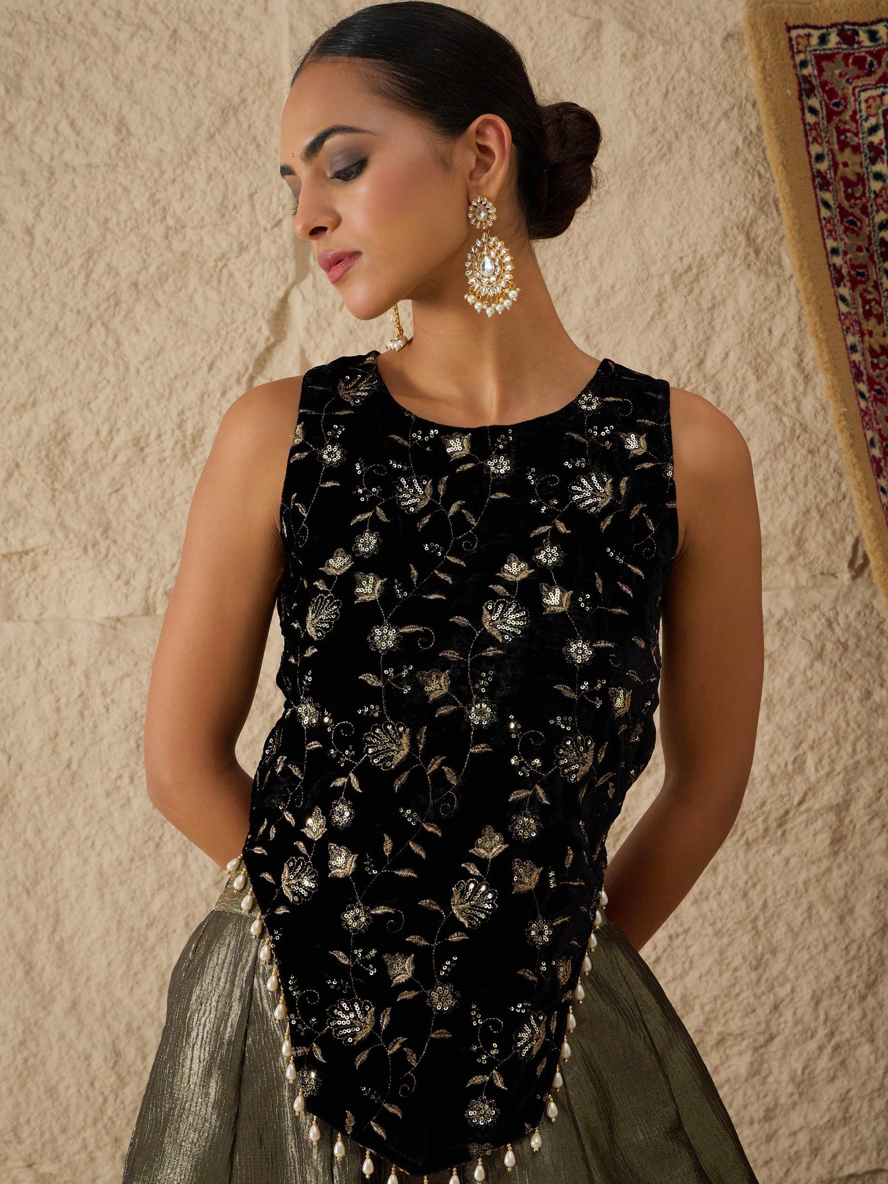 Black Velvet Top With Crinkled Anarkali Skirt-Shae by SASSAFRAS