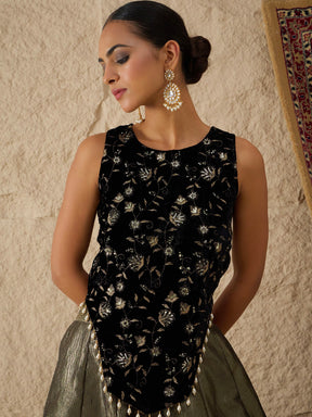 Black Velvet Top With Crinkled Anarkali Skirt-Shae by SASSAFRAS