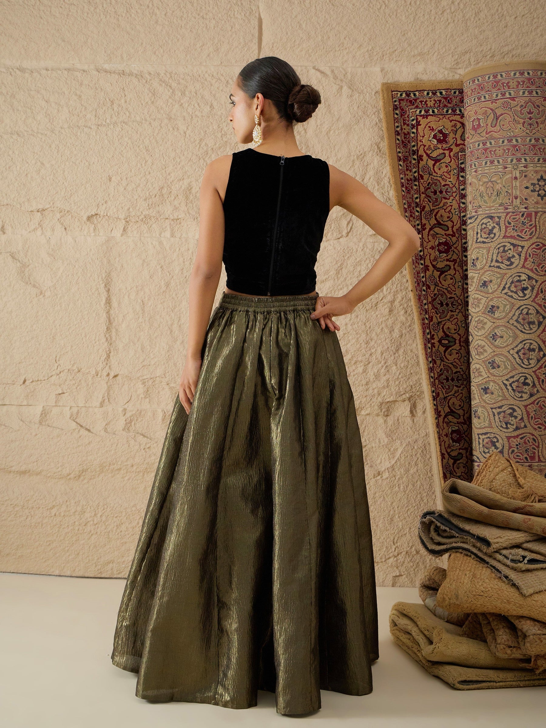 Black Velvet Top With Crinkled Anarkali Skirt-Shae by SASSAFRAS