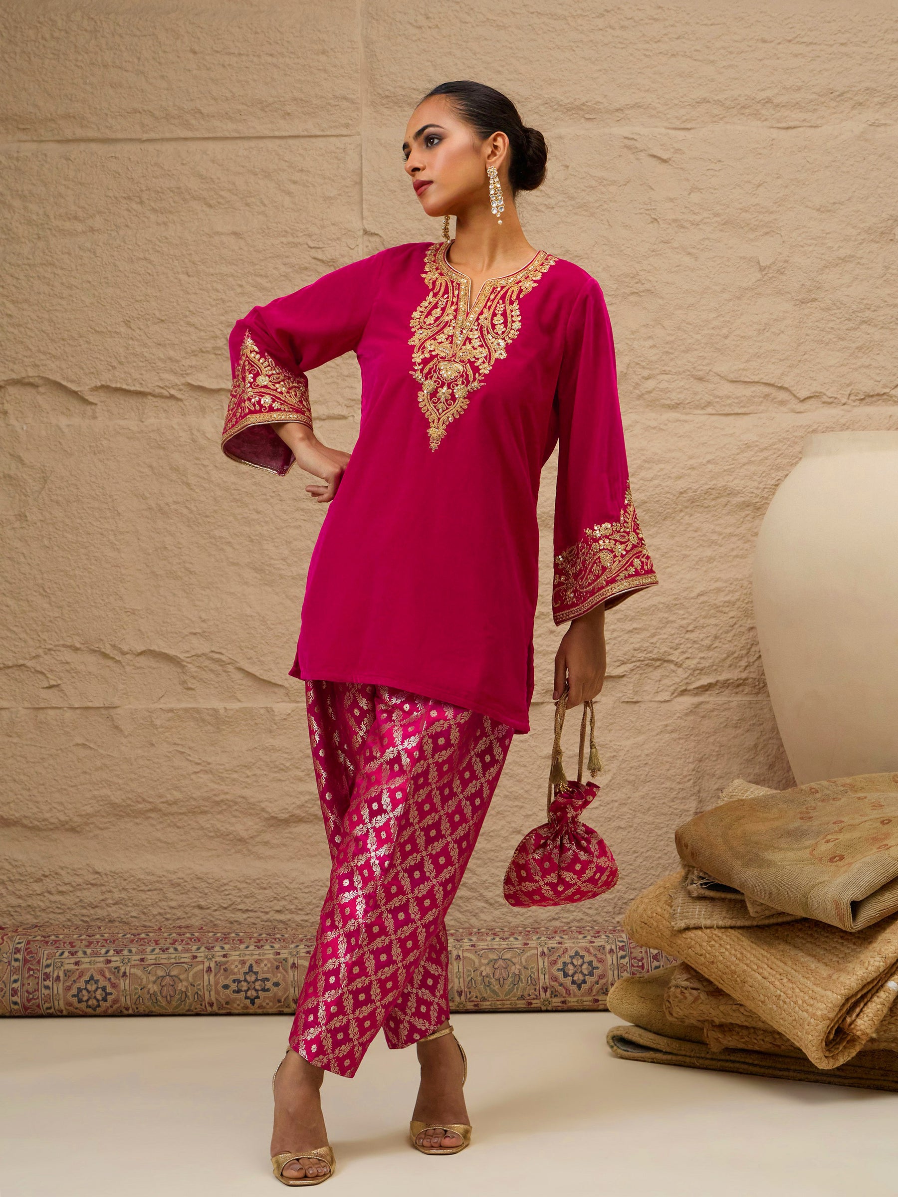 Women Fuchsia Velvet Embroidered Short Kurta With Farshi Salwar