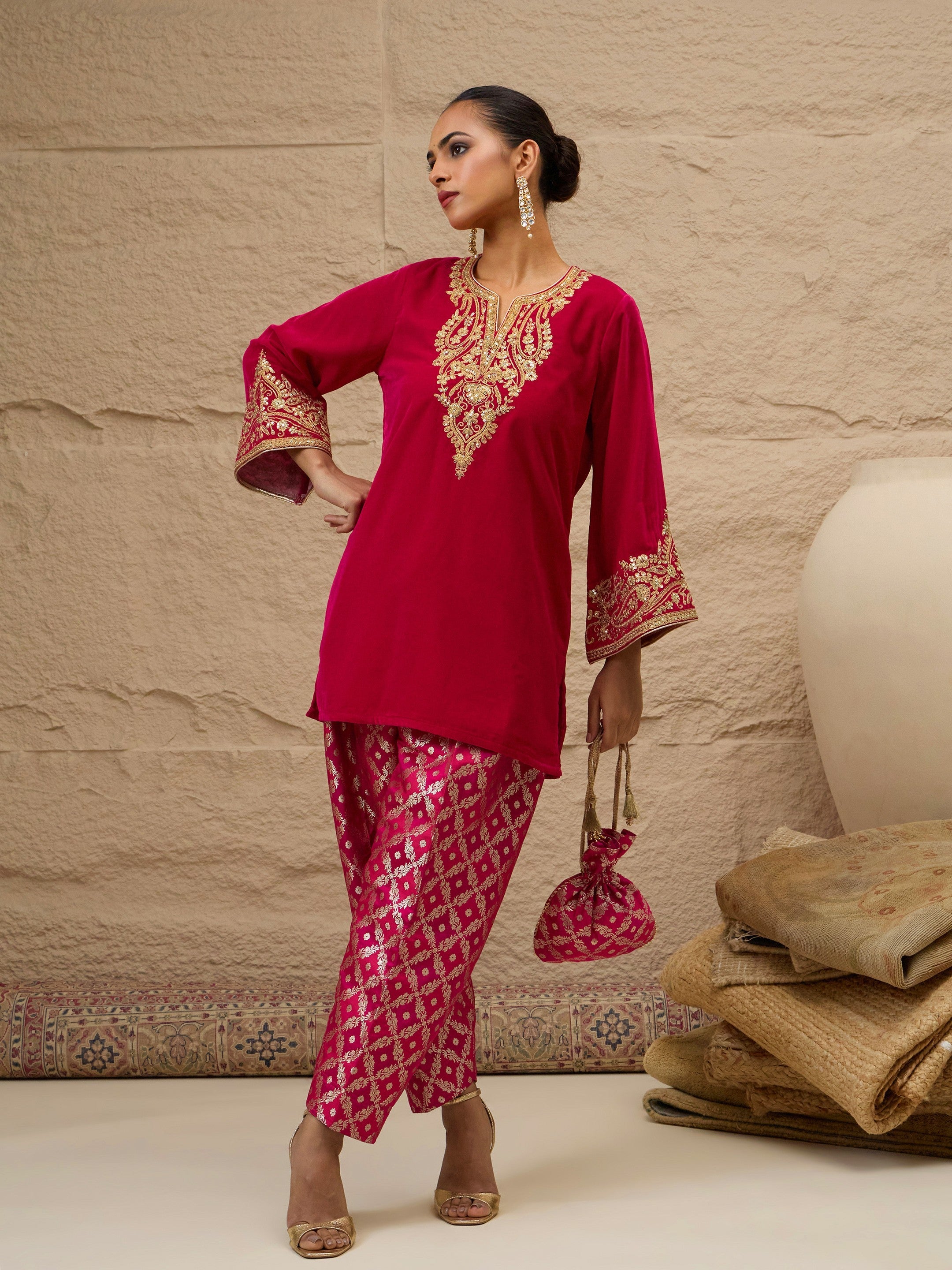 Fuchsia Velvet Embroidered Short Kurta With Farshi Salwar-Shae by SASSAFRAS