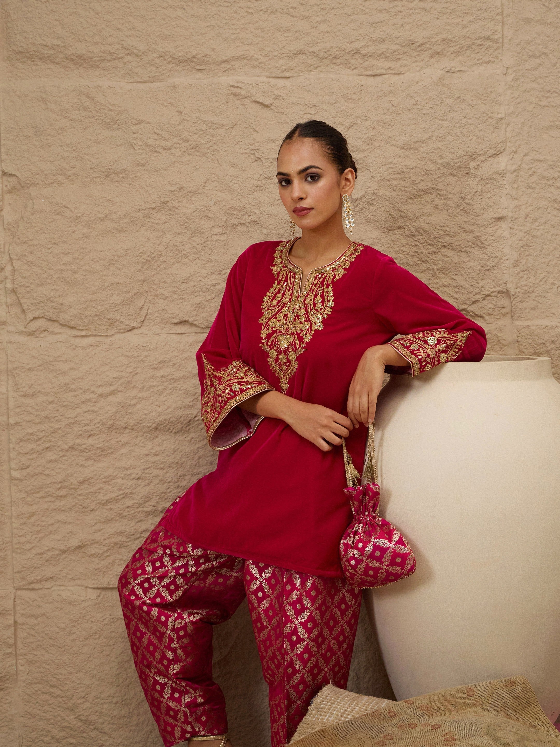 Fuchsia Velvet Embroidered Short Kurta With Farshi Salwar-Shae by SASSAFRAS
