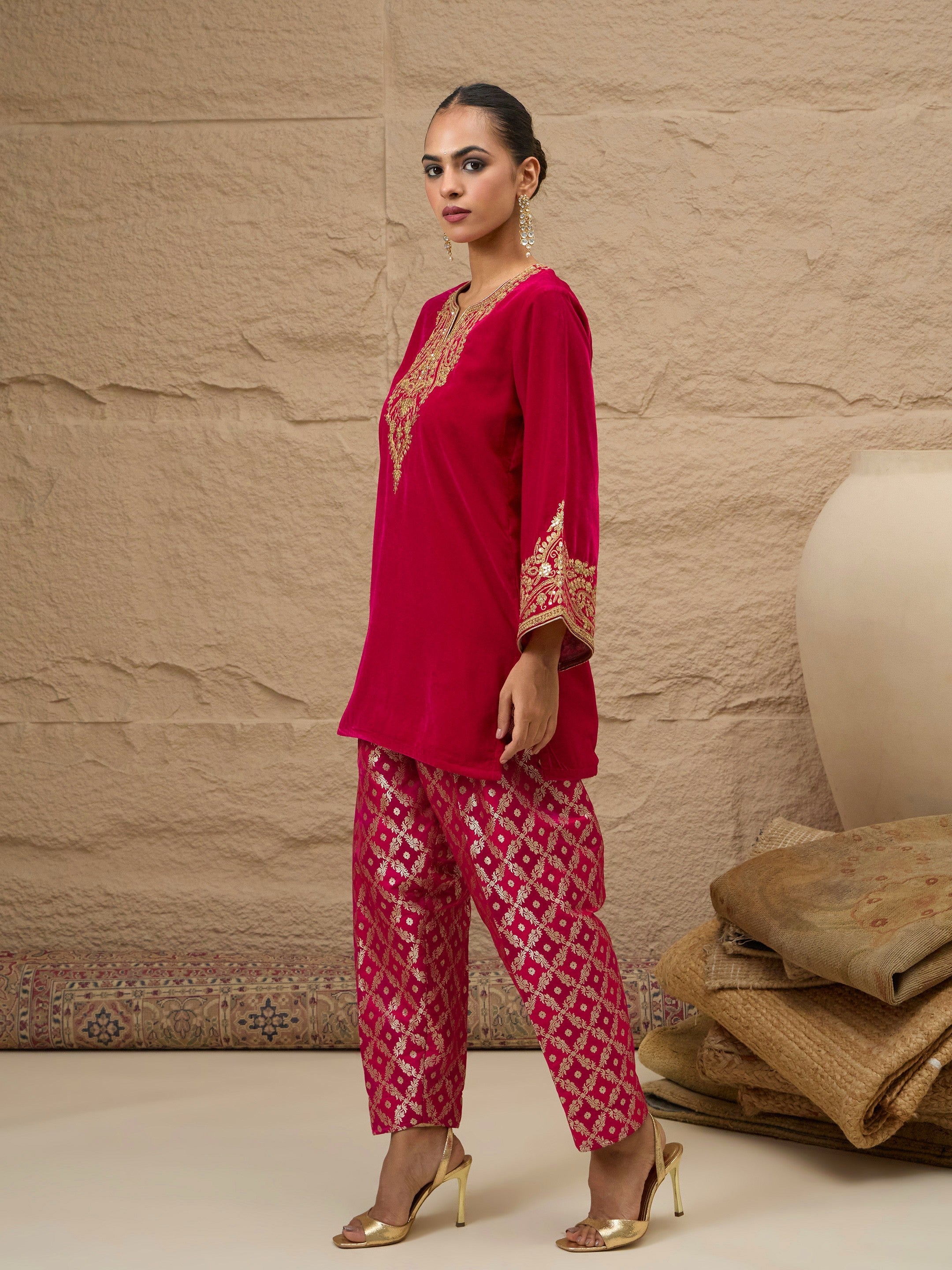 Fuchsia Velvet Embroidered Short Kurta With Farshi Salwar-Shae by SASSAFRAS