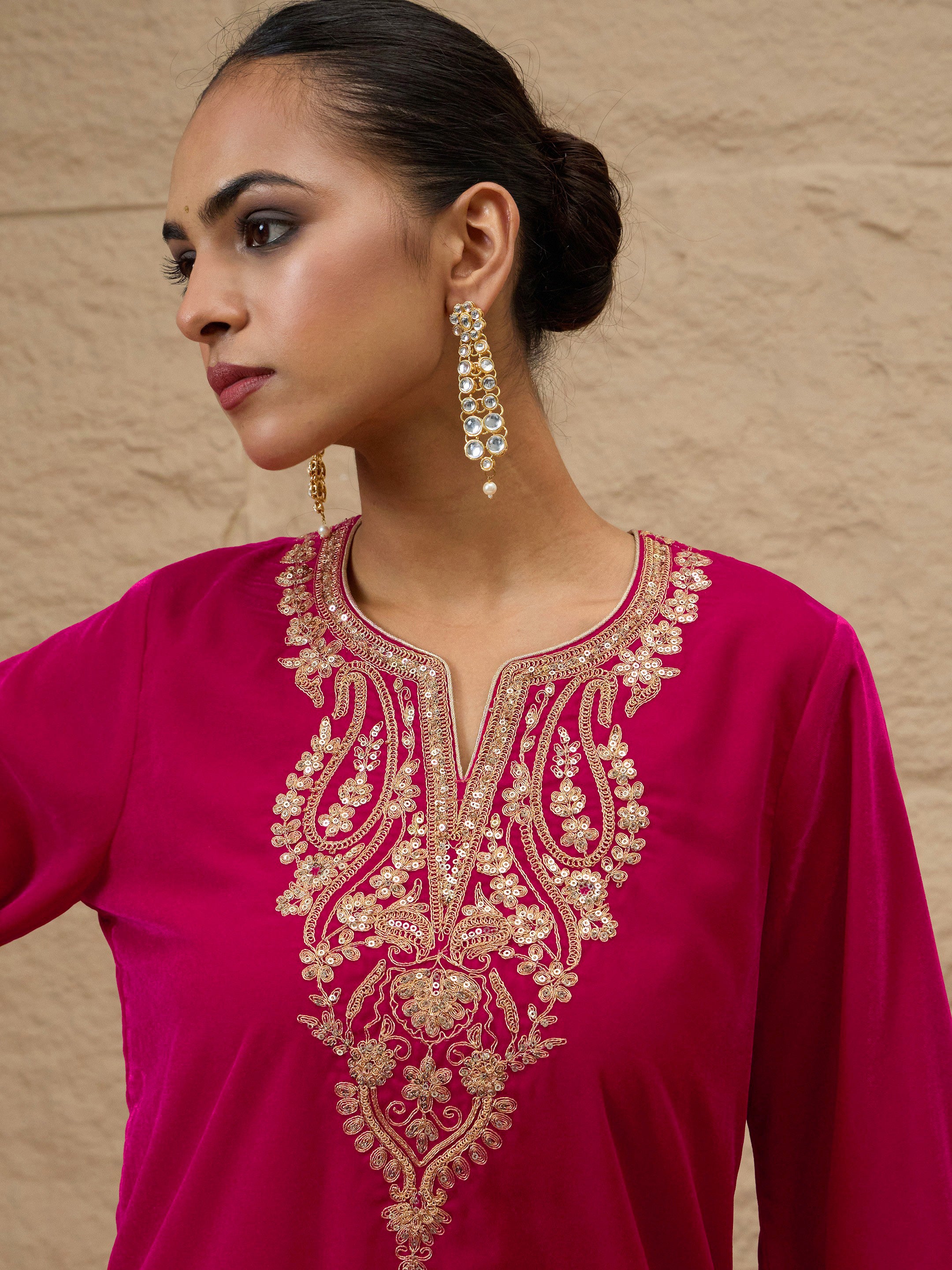 Women Fuchsia Velvet Embroidered Short Kurta With Farshi Salwar