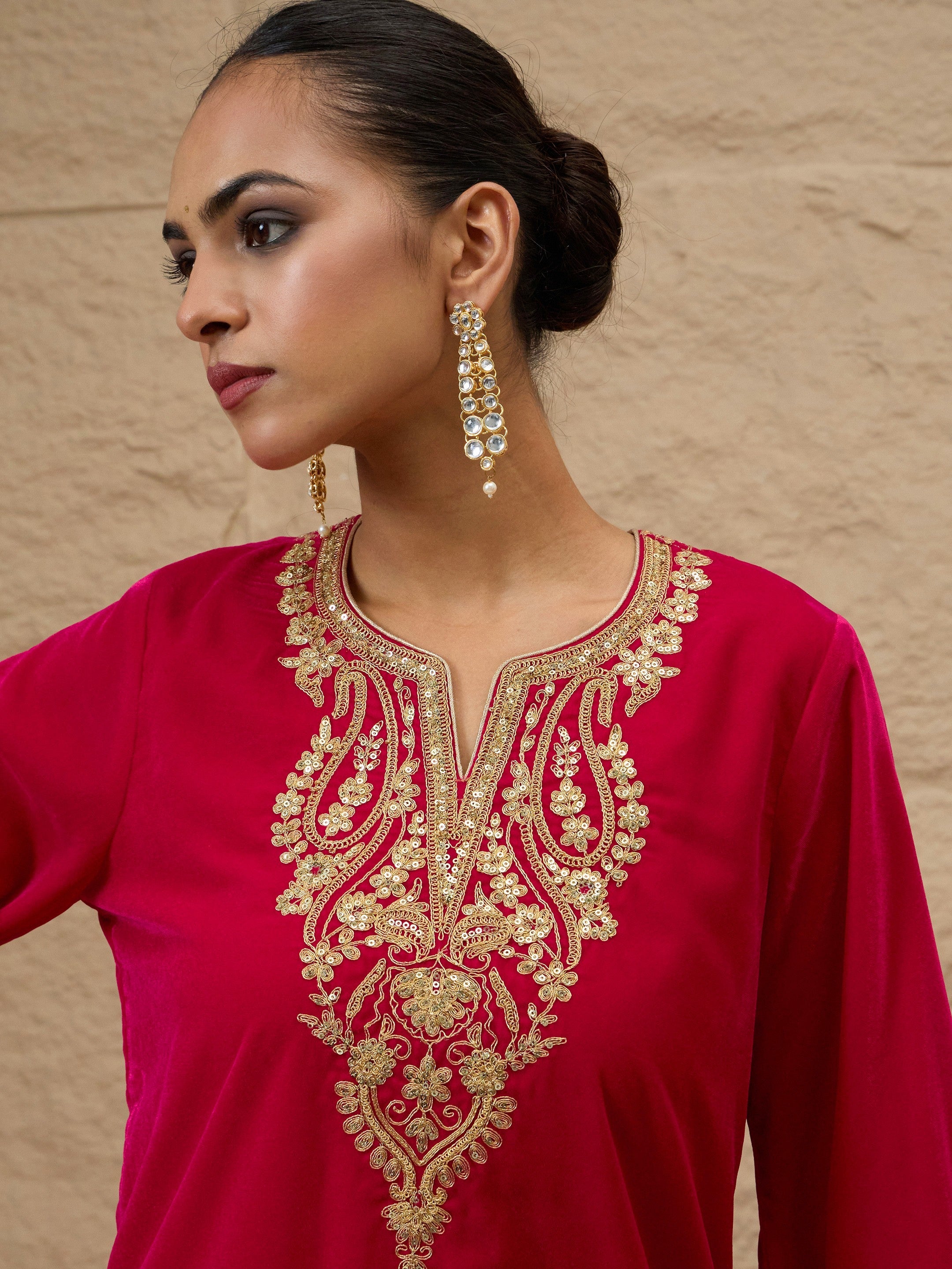 Fuchsia Velvet Embroidered Short Kurta With Farshi Salwar-Shae by SASSAFRAS
