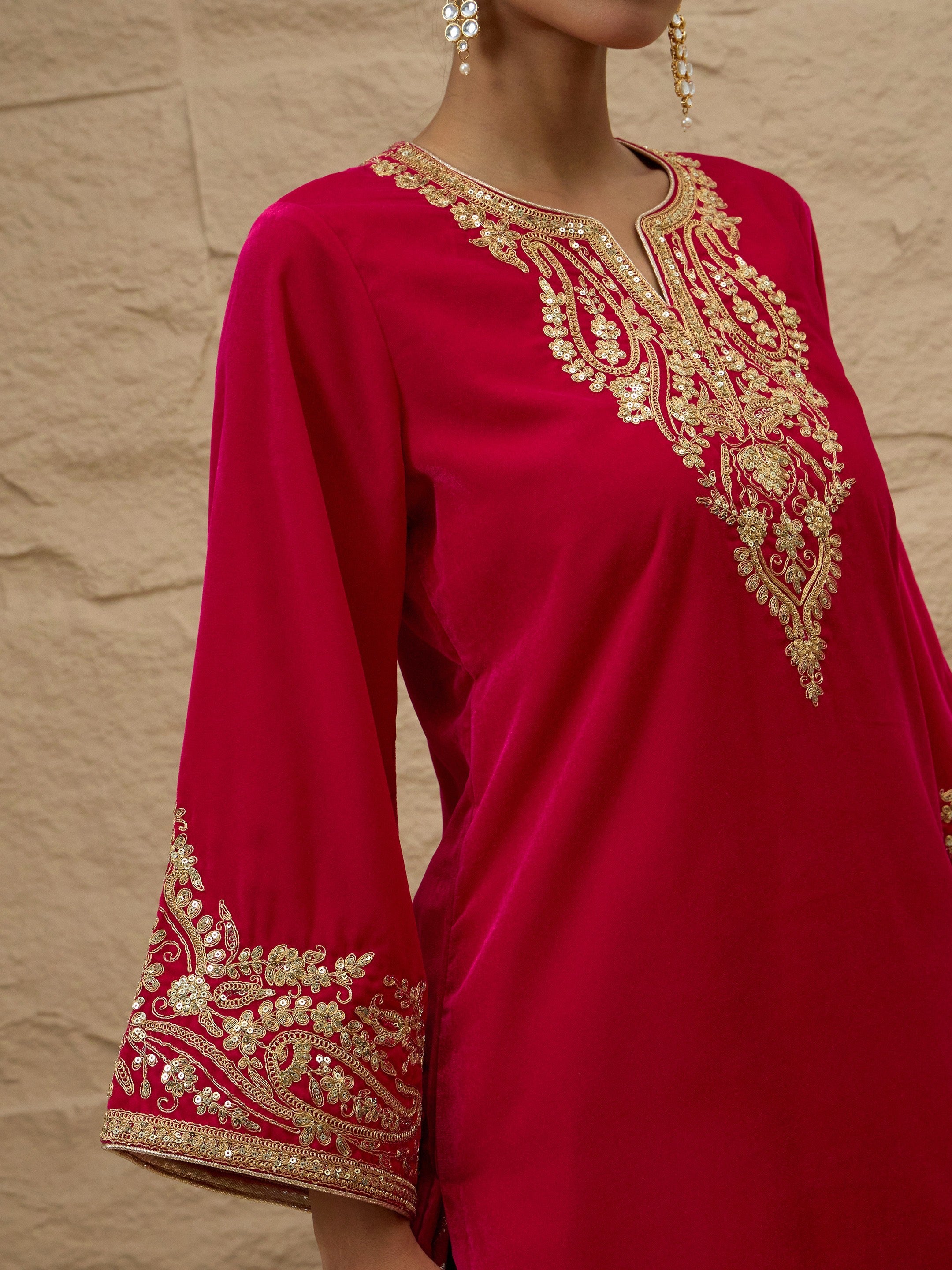 Fuchsia Velvet Embroidered Short Kurta With Farshi Salwar-Shae by SASSAFRAS