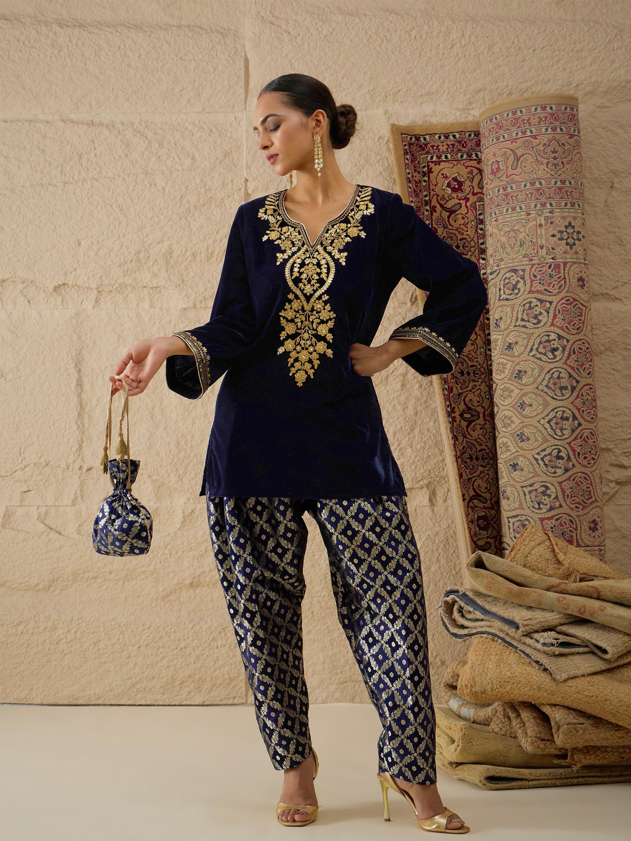 Navy Velvet Embroidered Short Kurta With Farshi Salwar-Shae by SASSAFRAS