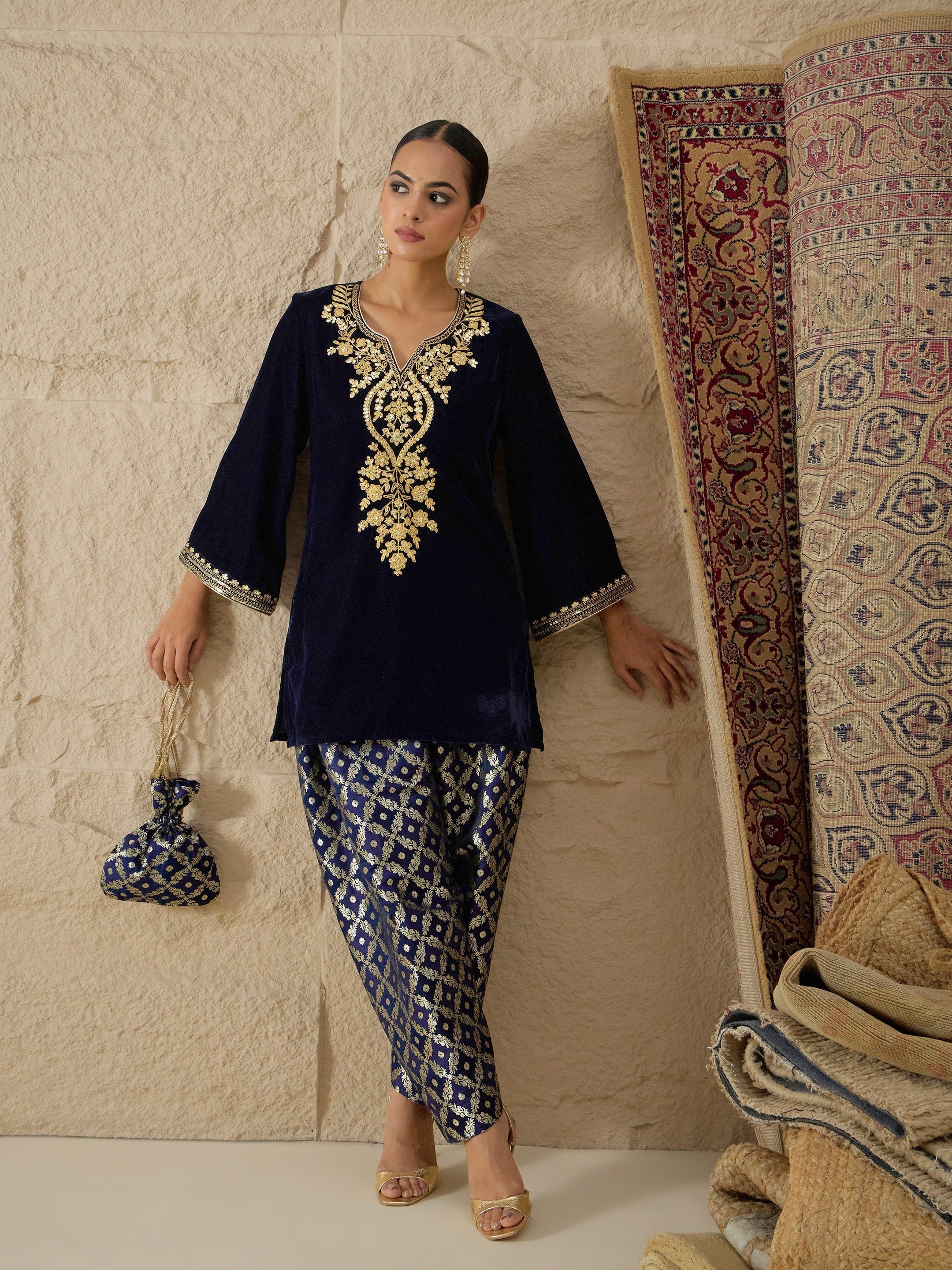 Navy Velvet Embroidered Short Kurta With Farshi Salwar-Shae by SASSAFRAS