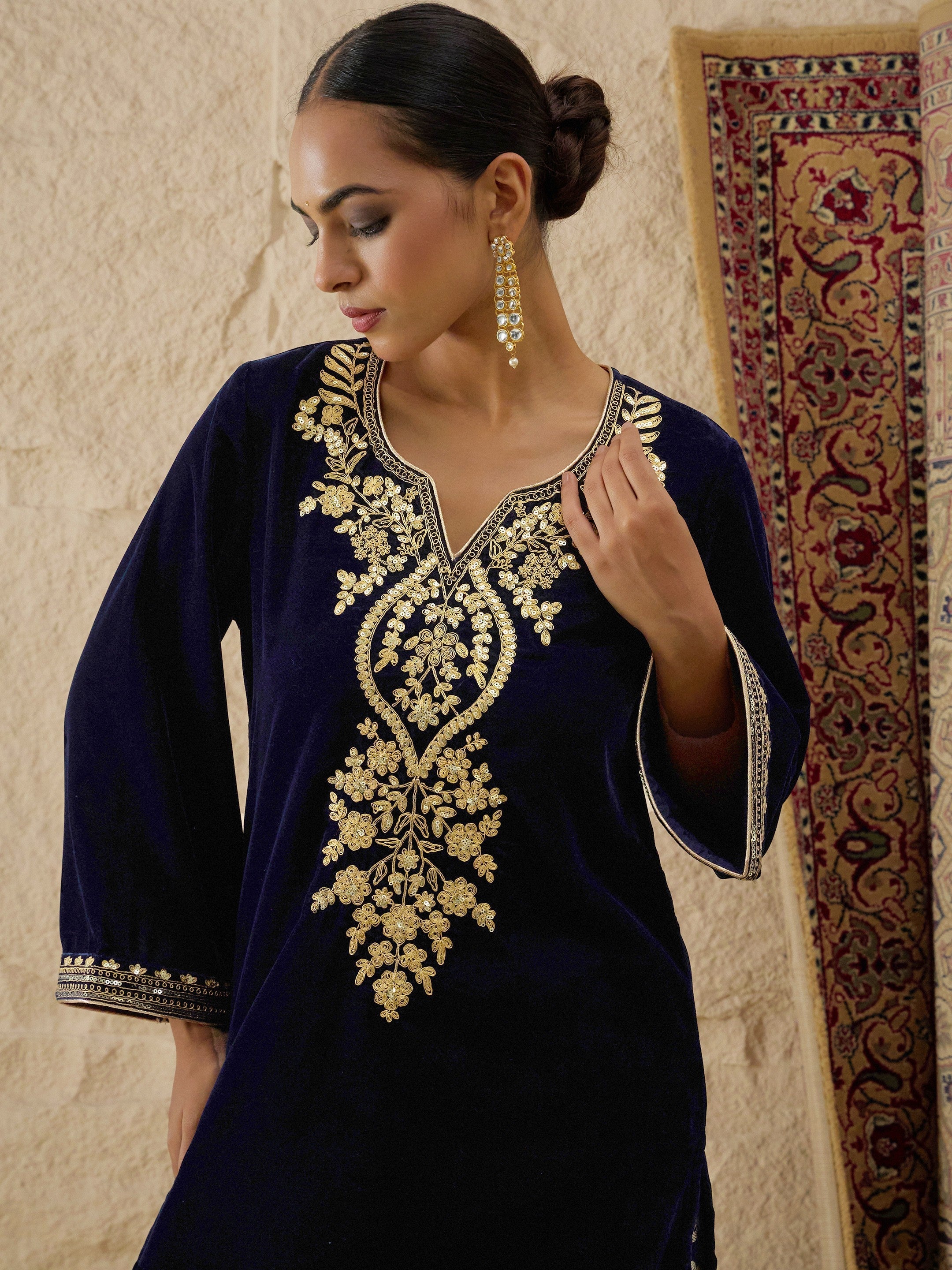 Navy Velvet Embroidered Short Kurta With Farshi Salwar-Shae by SASSAFRAS