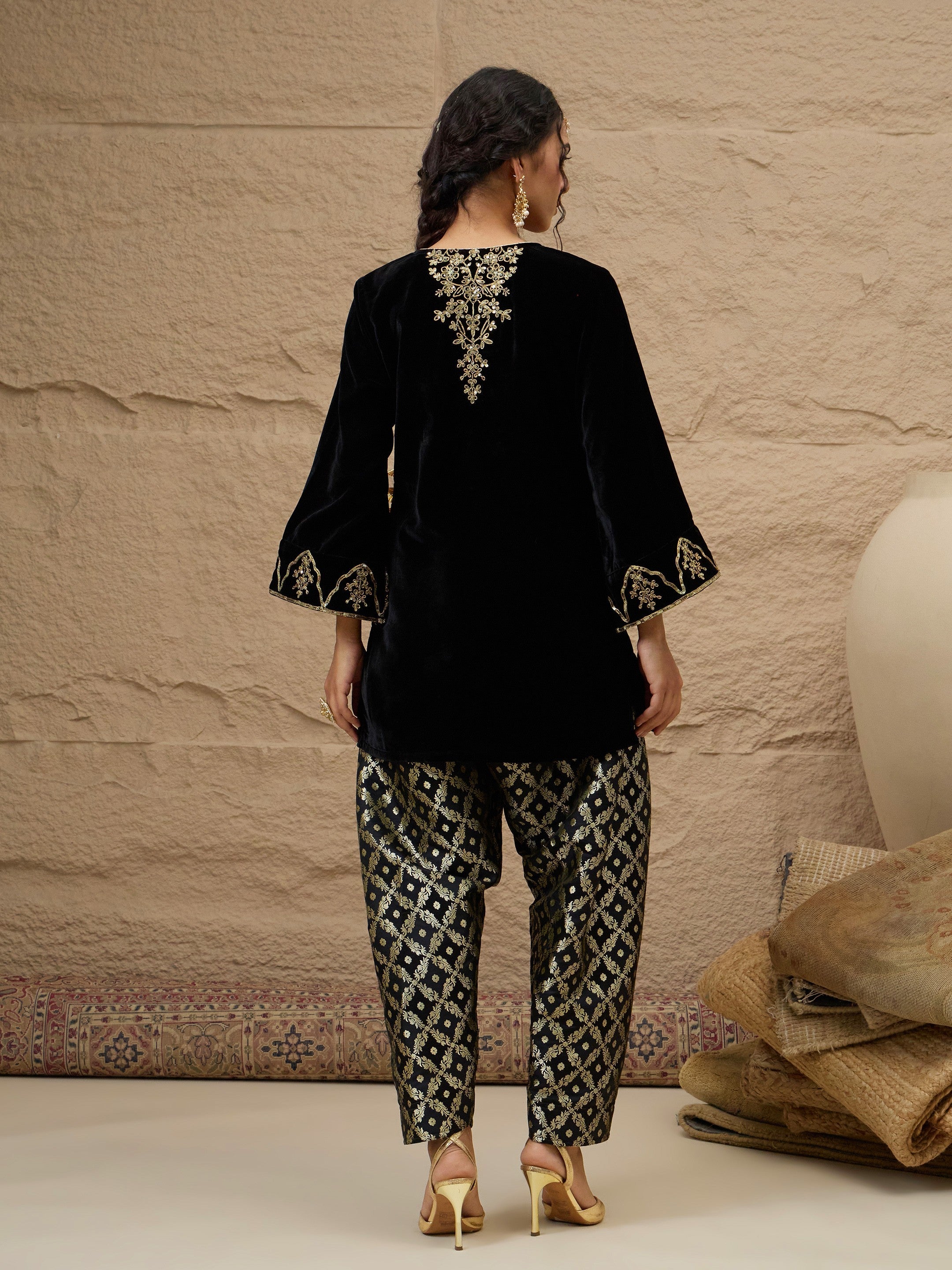 Black Velvet Embroidered Short Kurta With Farshi Salwar-Shae by SASSAFRAS