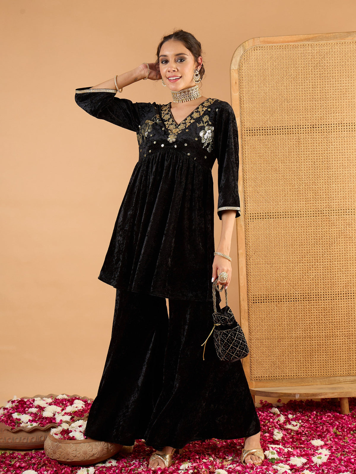 Black Velvet Embroidered V Neck Peplum Top With Palazzos-Shae by SASSAFRAS