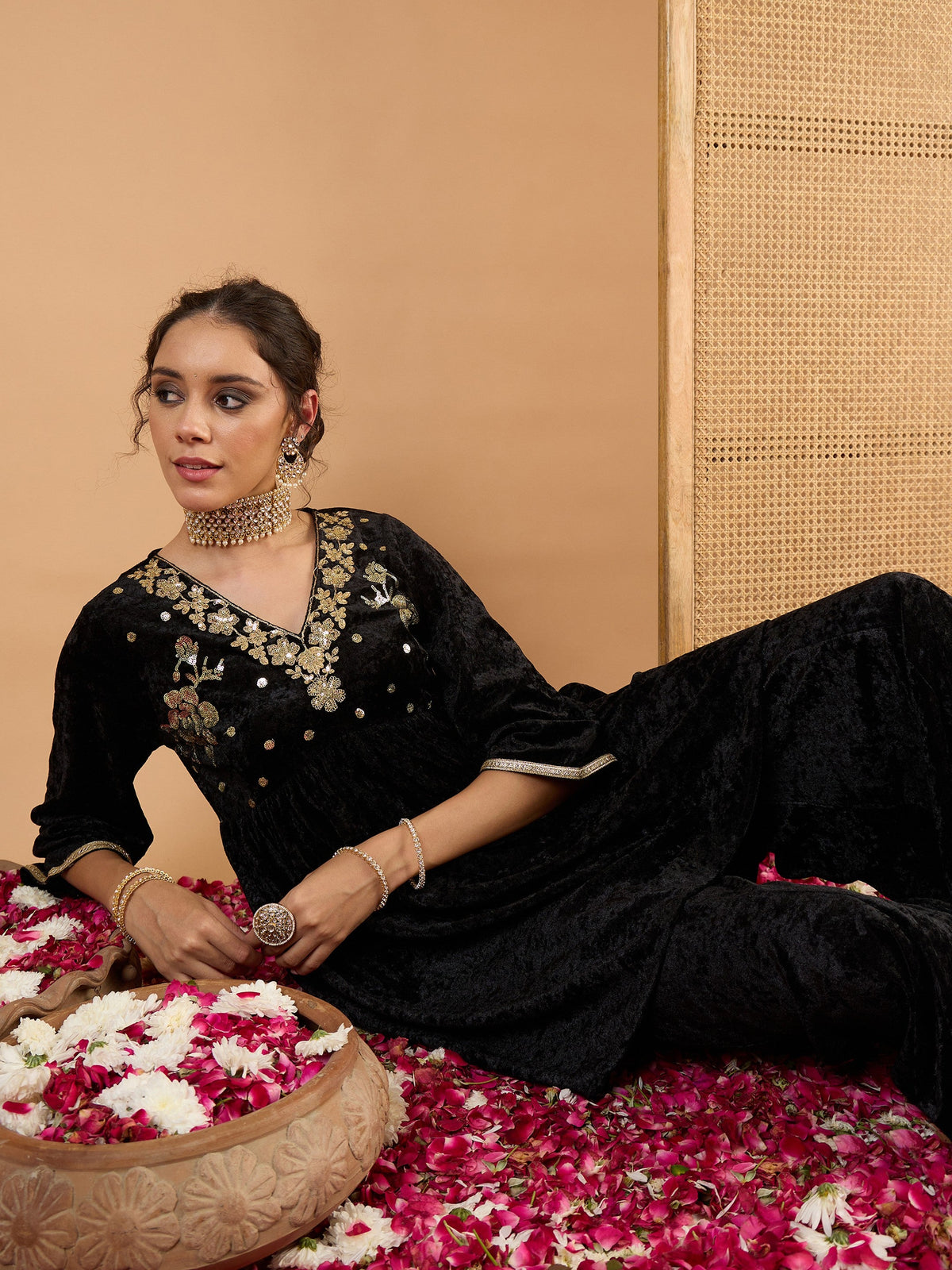 Black Velvet Embroidered V Neck Peplum Top With Palazzos-Shae by SASSAFRAS