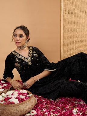 Black Velvet Embroidered V Neck Peplum Top With Palazzos-Shae by SASSAFRAS