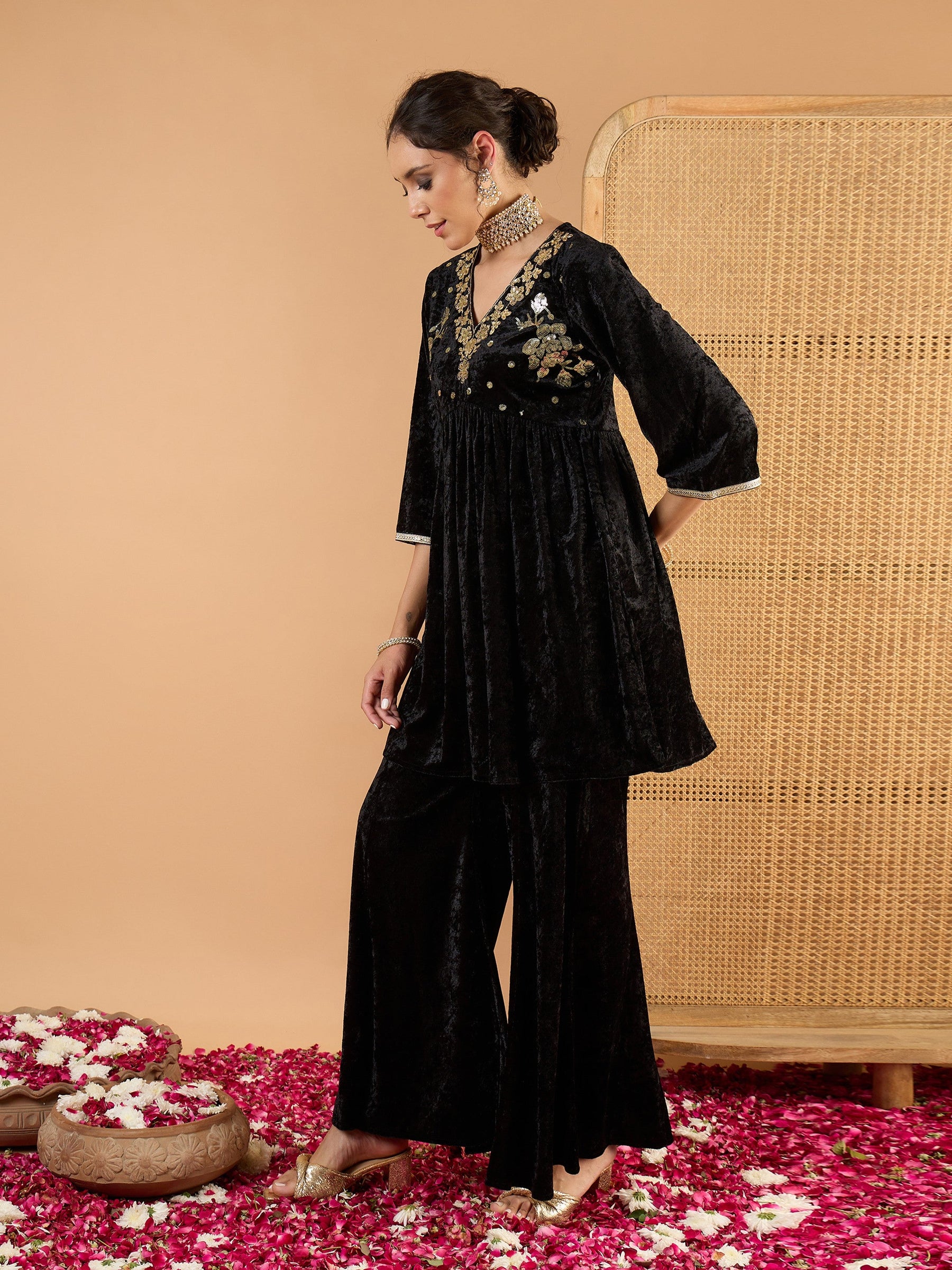 Black Velvet Embroidered V Neck Peplum Top With Palazzos-Shae by SASSAFRAS