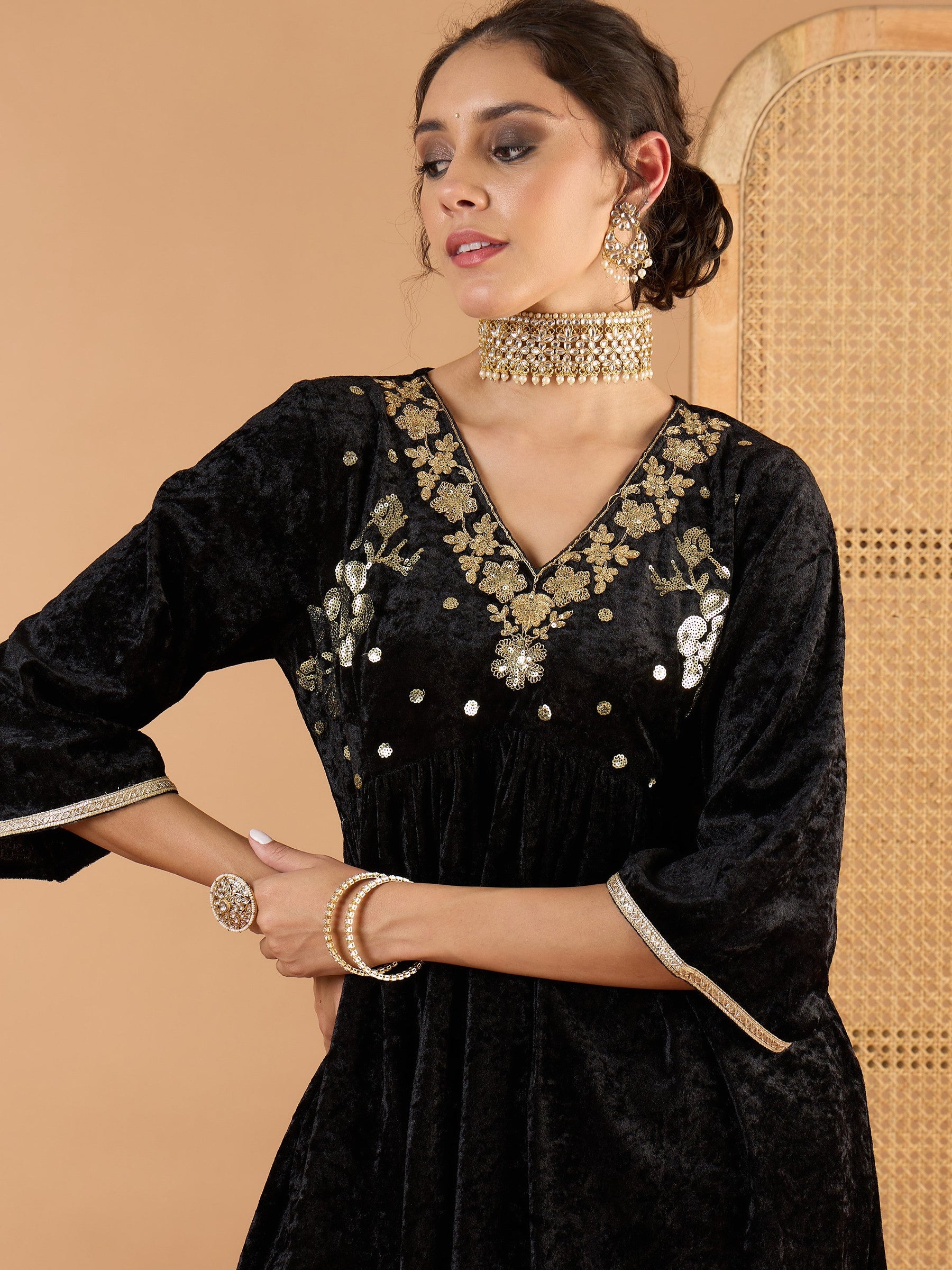 Black Velvet Embroidered V Neck Peplum Top With Palazzos-Shae by SASSAFRAS