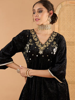 Black Velvet Embroidered V Neck Peplum Top With Palazzos-Shae by SASSAFRAS