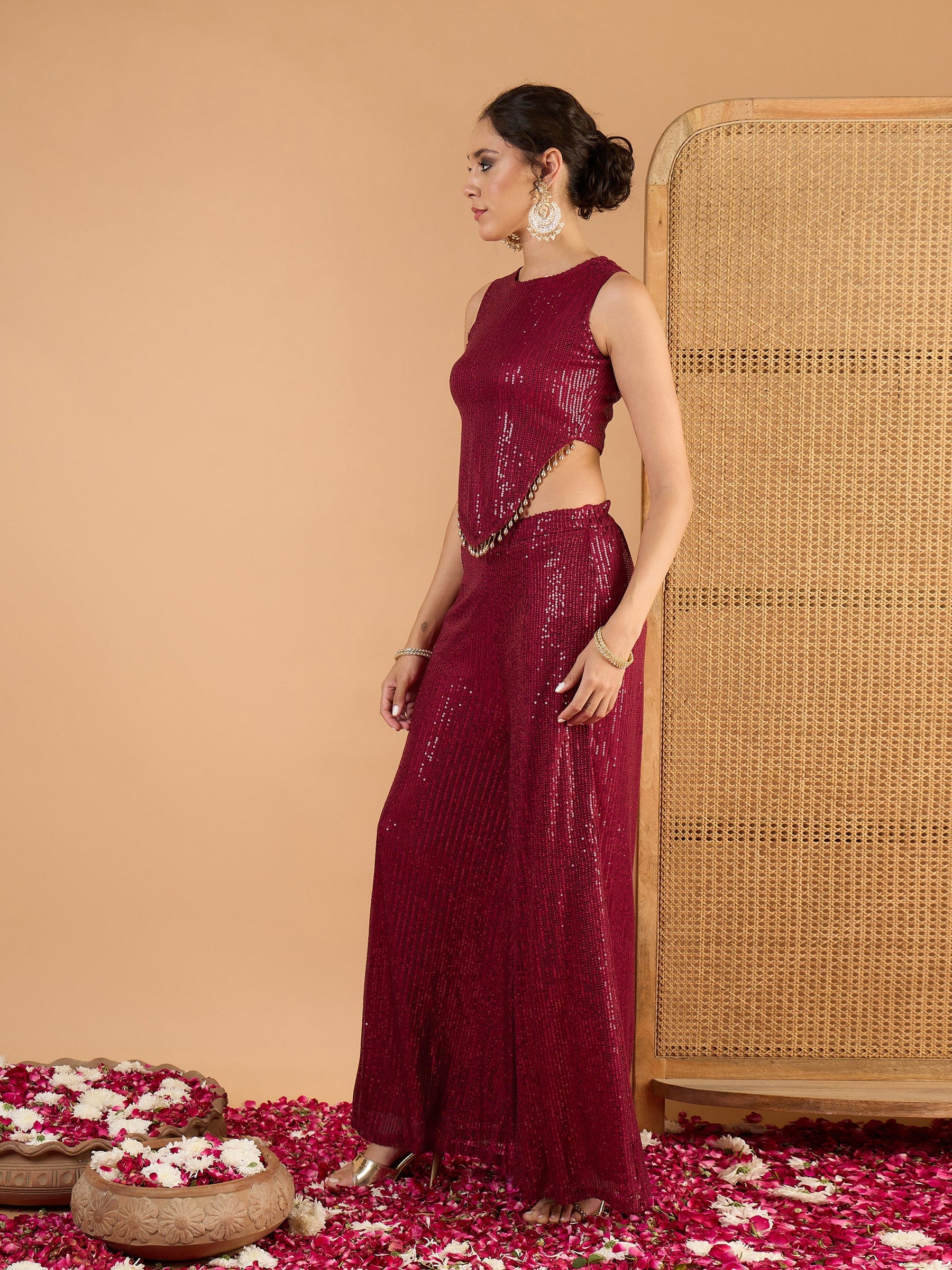 Maroon Sequence Top With A-Line Palazzos-Shae By SASSAFRAS