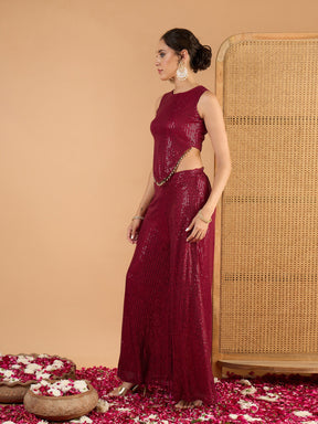Maroon Sequence Top With A-Line Palazzos-Shae By SASSAFRAS