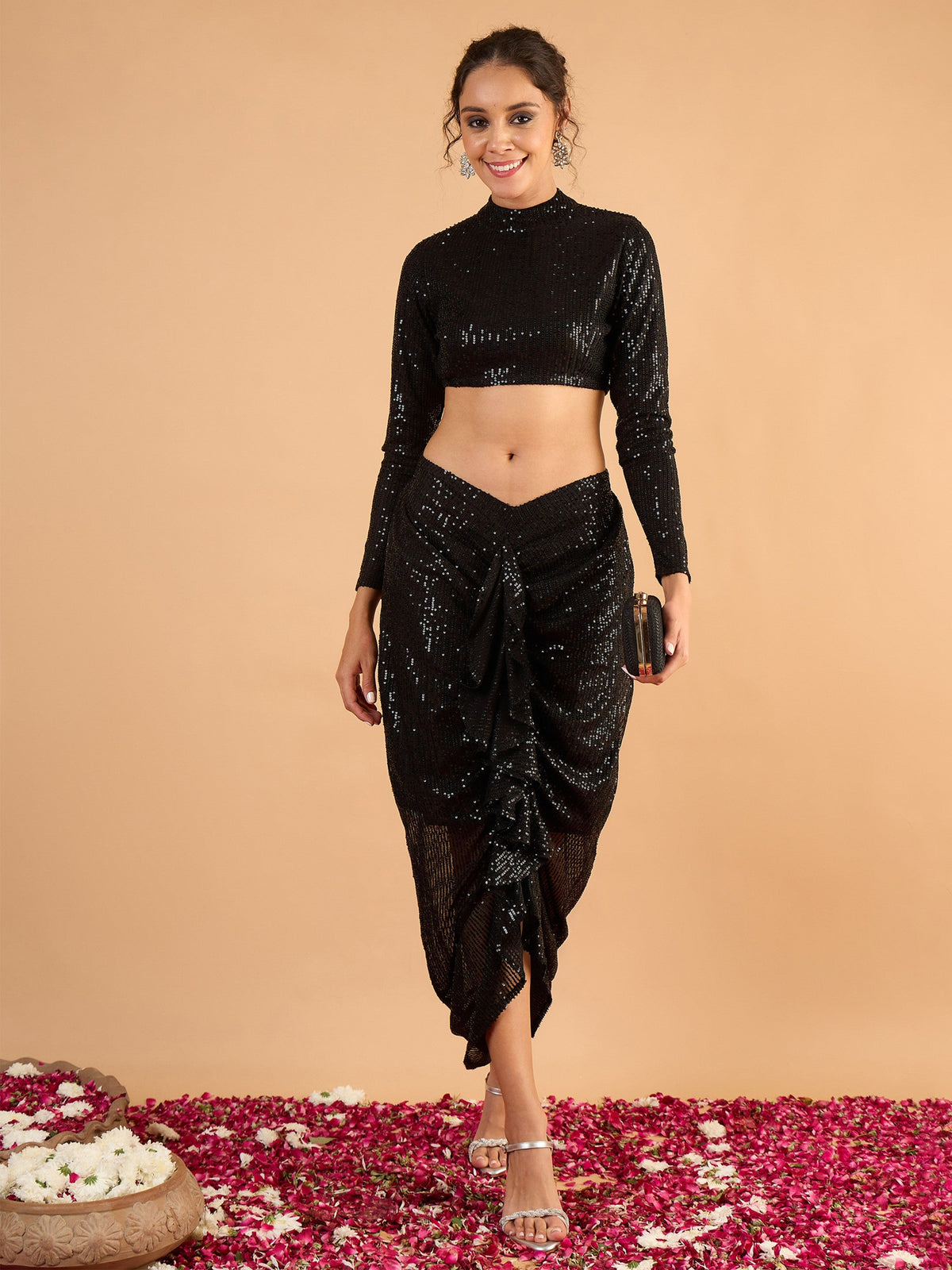 Black sequence Crop Top With Front Frill Skirt -Shae by SASSAFRAS