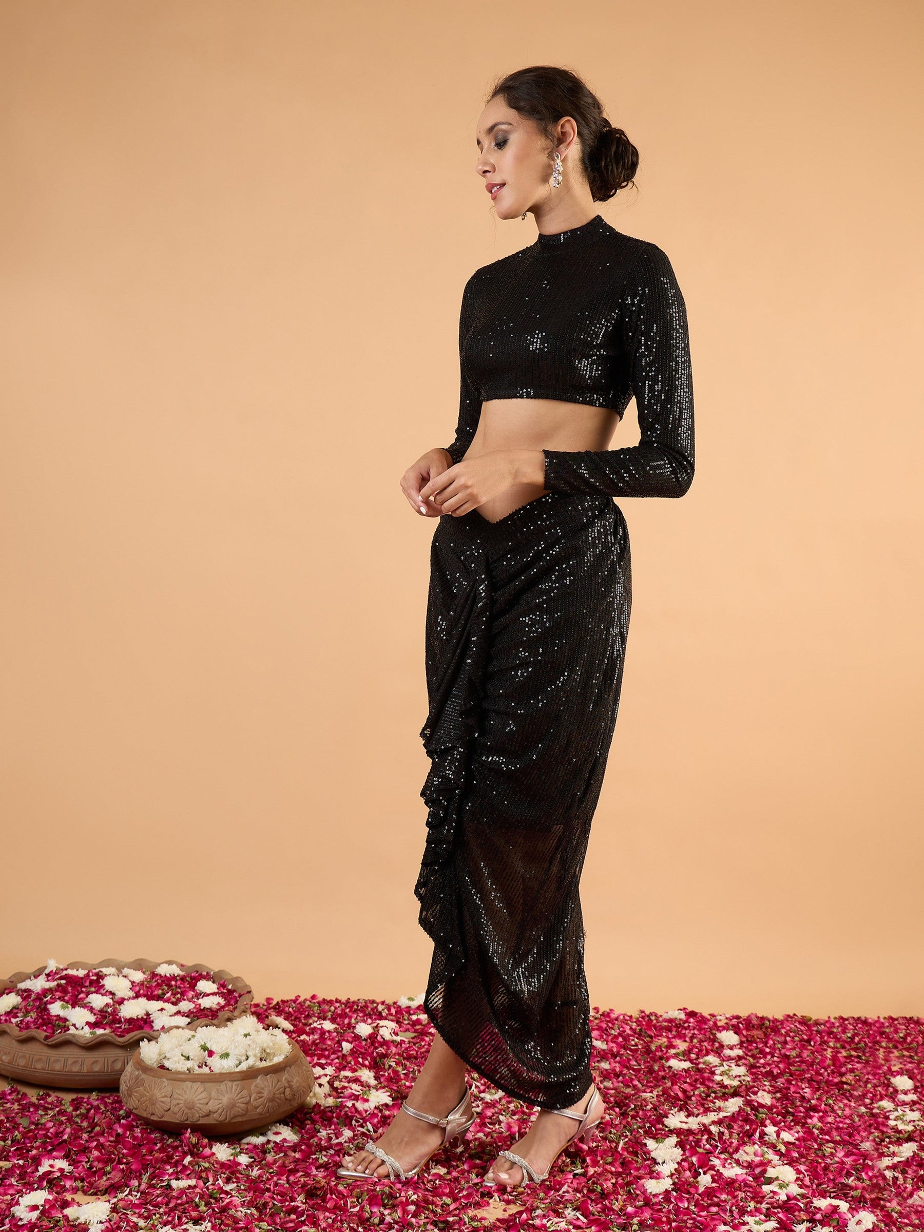 Black sequence Crop Top With Front Frill Skirt -Shae by SASSAFRAS