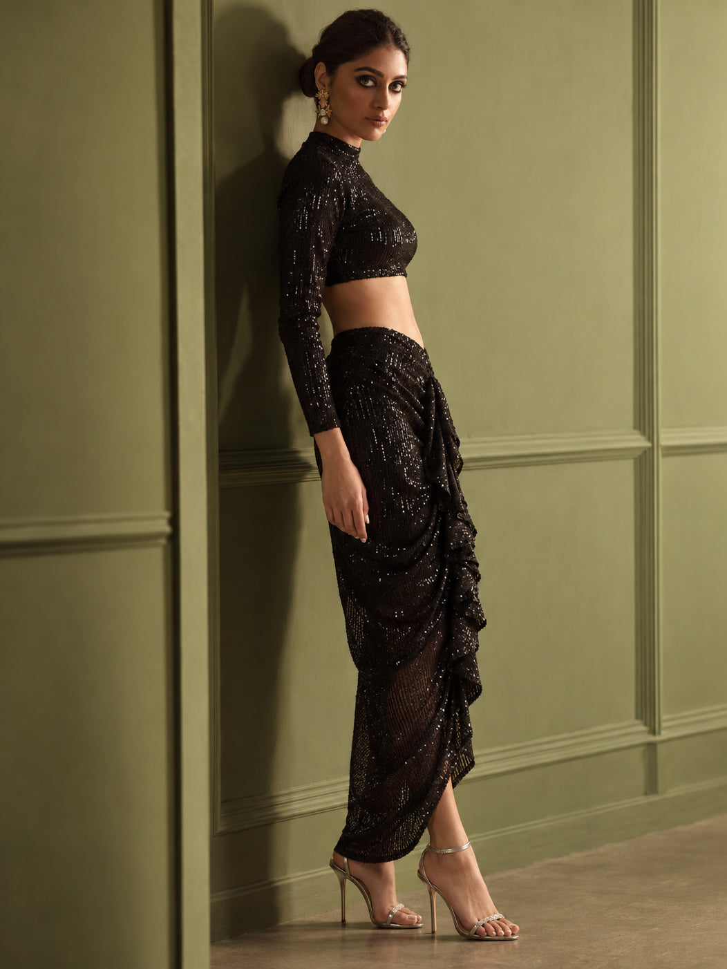 Black sequence Crop Top With Front Frill Skirt -Shae by SASSAFRAS