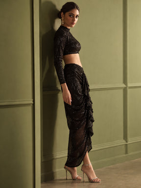 Black sequence Crop Top With Front Frill Skirt -Shae by SASSAFRAS
