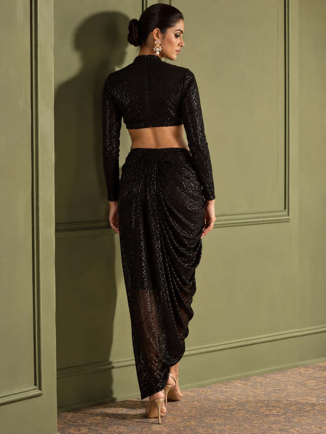 Black sequence Crop Top With Front Frill Skirt -Shae by SASSAFRAS